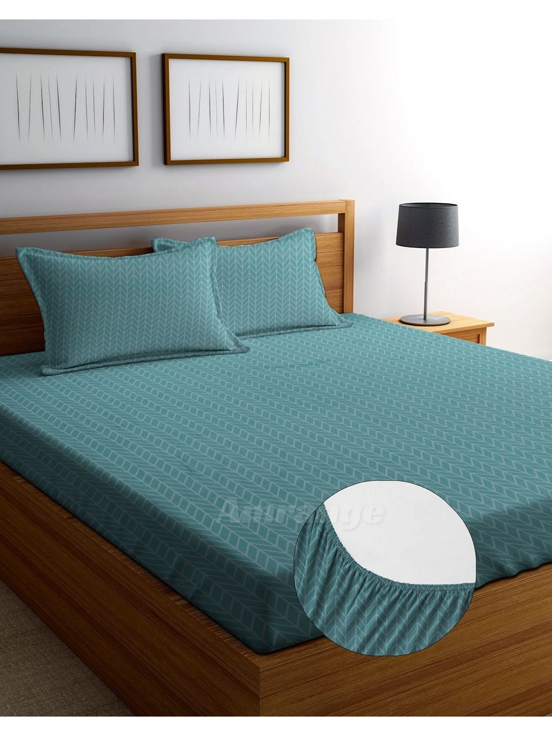 

AMRANGE Teal & Grey Geometric Fitted 250 TC King Bedsheet with 2 Pillow Covers