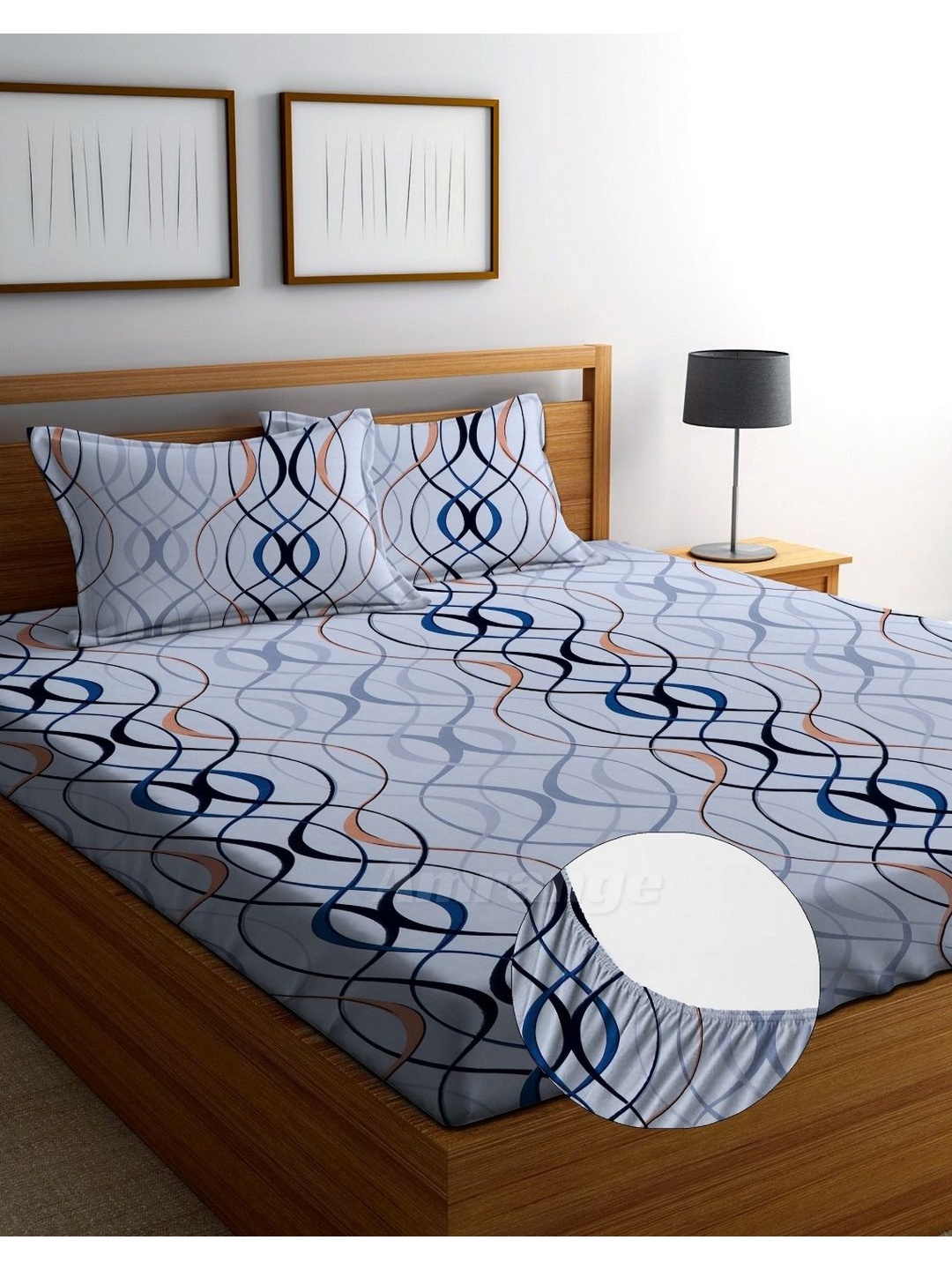 

AMRANGE White & Blue Abstract Fitted 250 TC King Bedsheet with 2 Pillow Covers