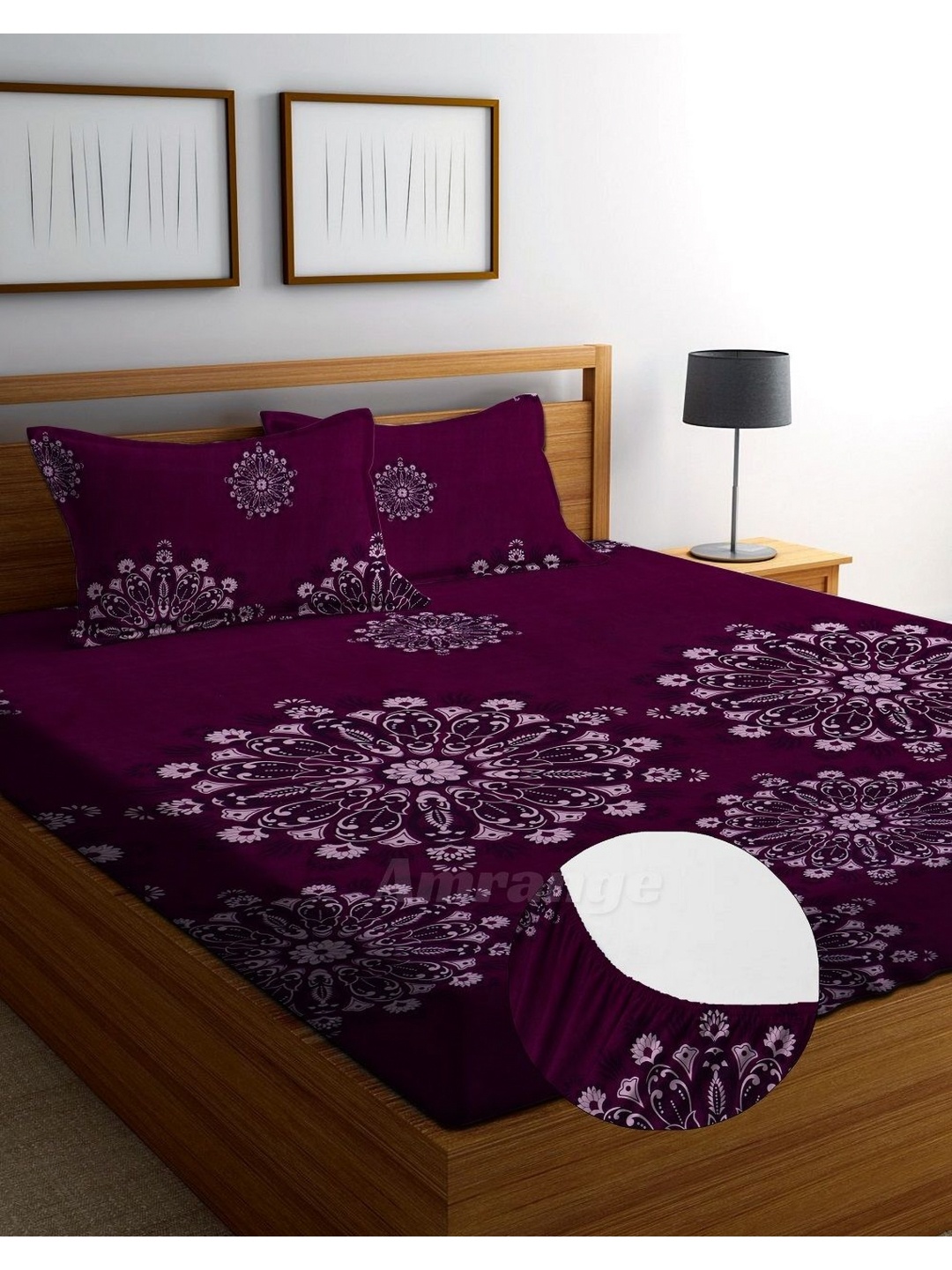 

AMRANGE Burgundy Floral Fitted 250 TC King Bedsheet with 2 Pillow Covers