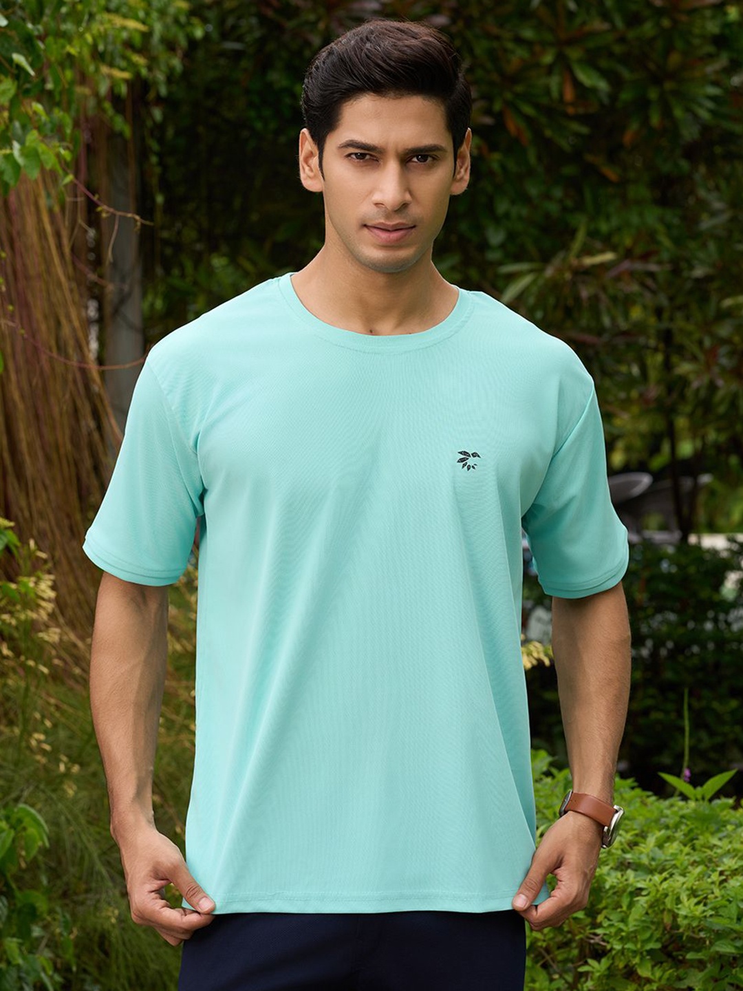 

Fashion FRICKS Men Printed Henley Neck Extended Sleeves Pockets T-shirt, Sea green