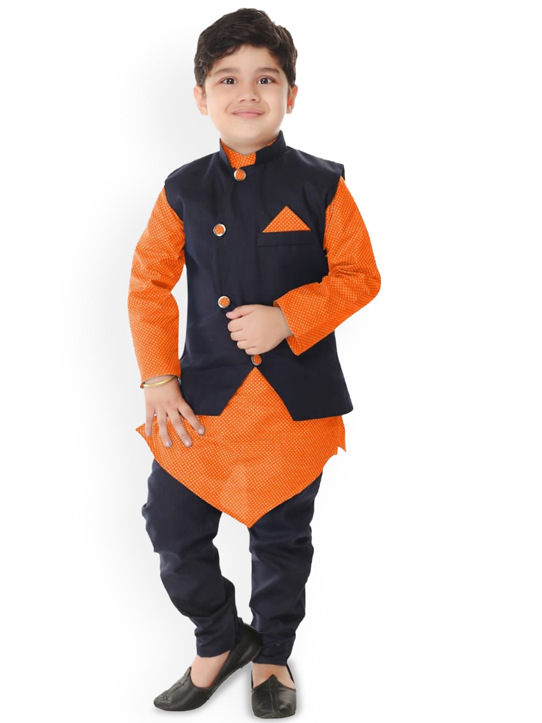 

BAESD Boys Geometric Printed Mandarin Collar Kurta With Churidar, Orange