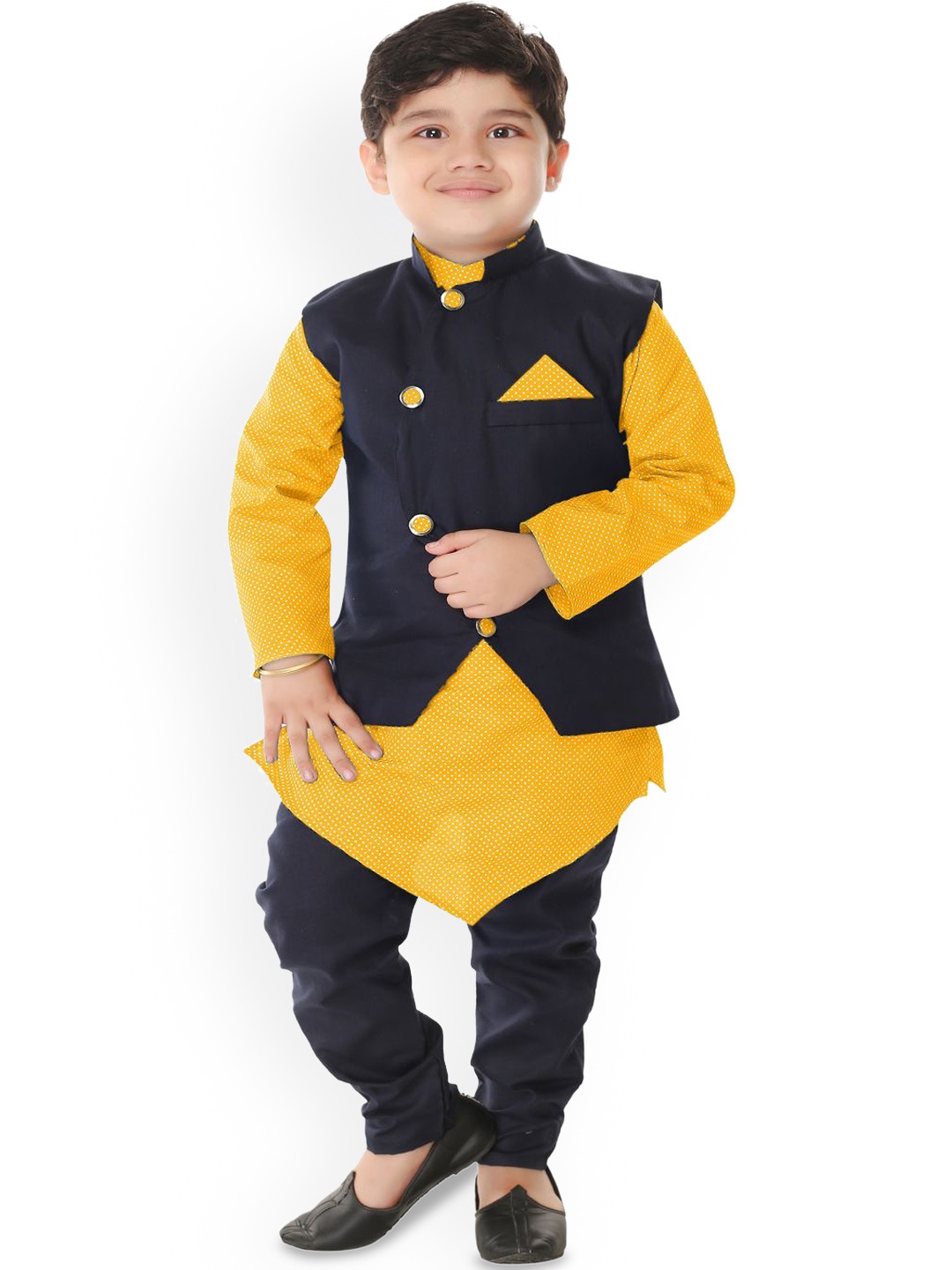 

BAESD Boys Geometric Printed Mandarin Collar Kurta With Churidar, Yellow