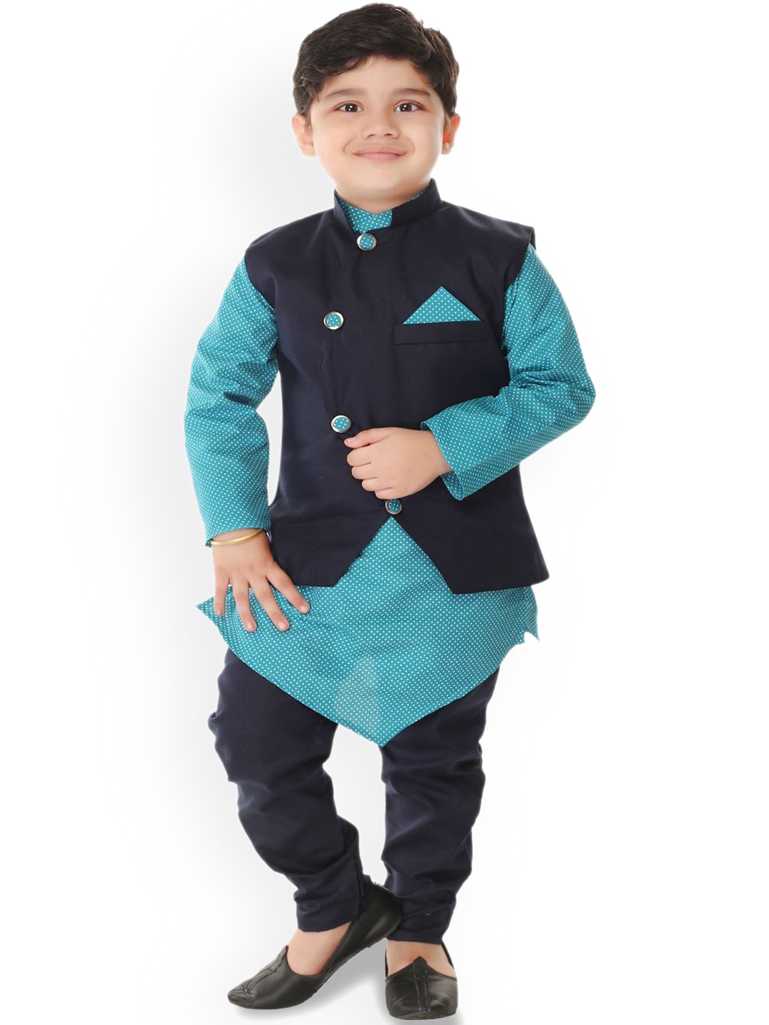 

BAESD Boys Geometric Printed Mandarin Collar Kurta With Churidar, Sea green