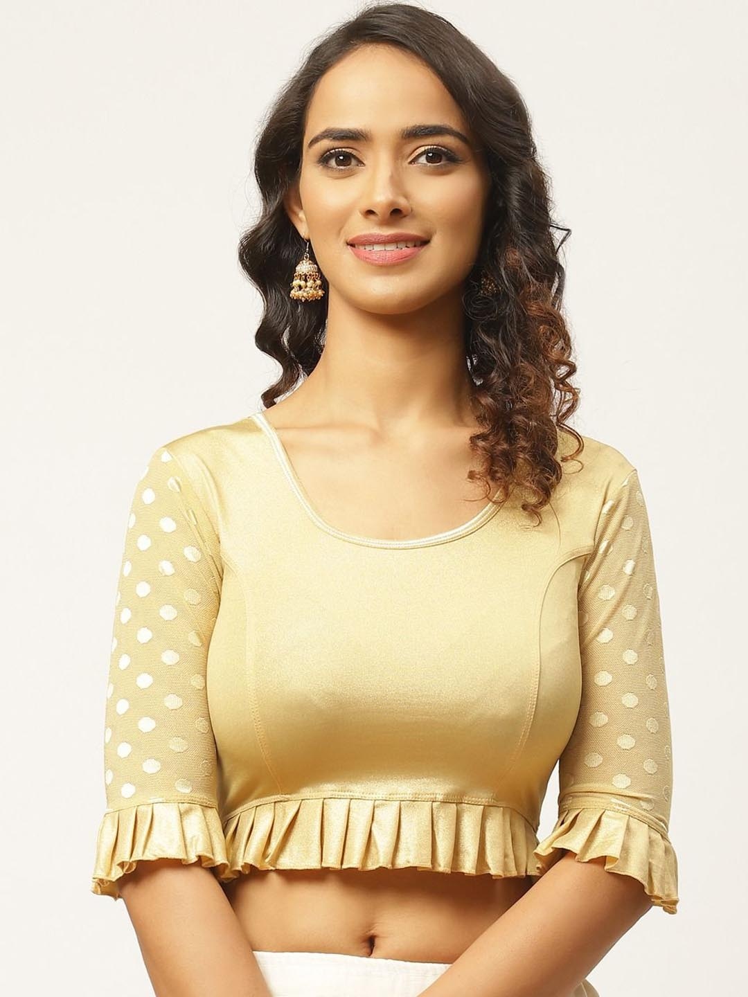 

VASTRANAND Round Neck Short Sleeves Cotton Stretchable Saree Blouse, Beige