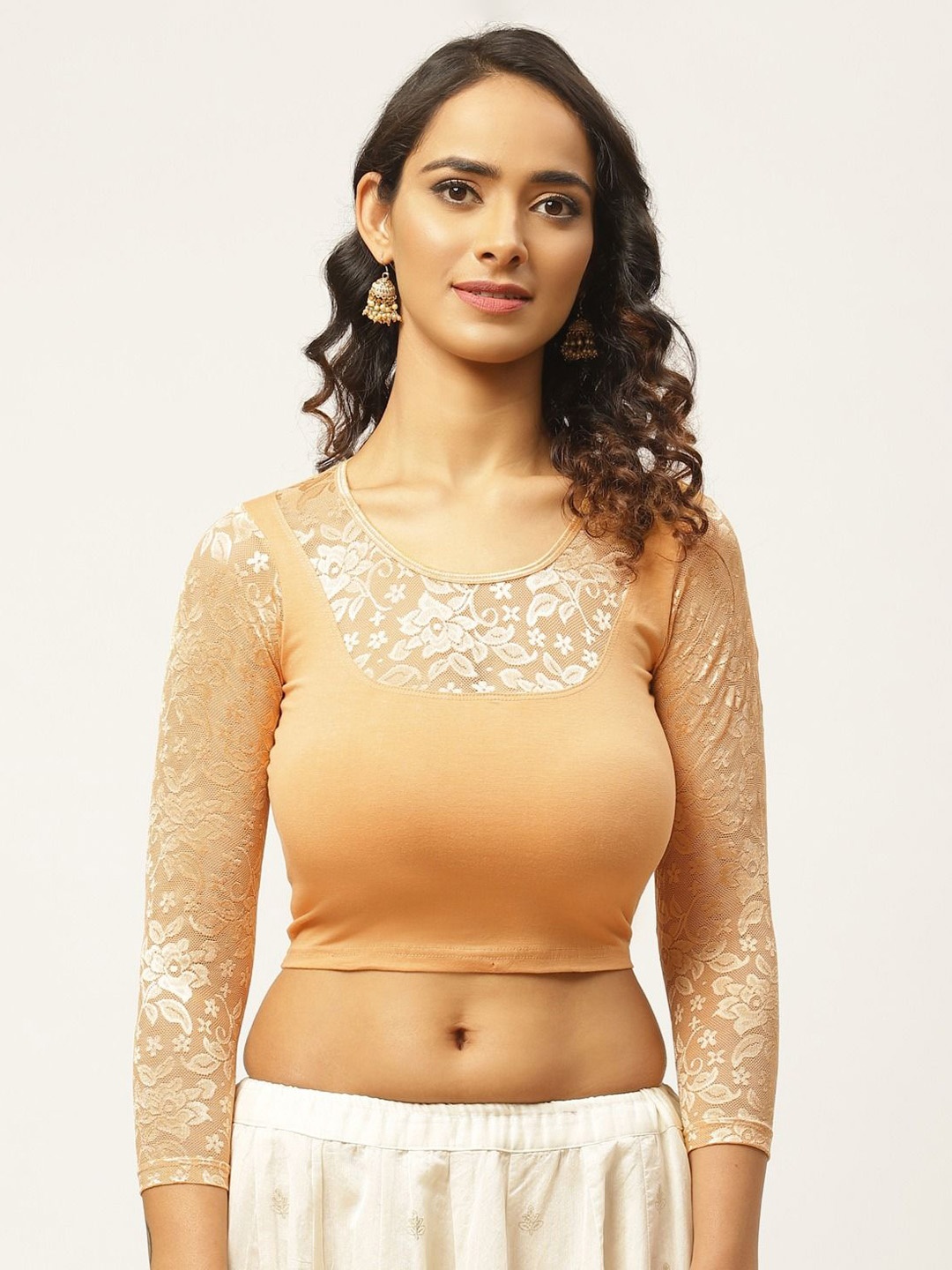 

VASTRANAND Printed Round Neck Cotton Stretchable Saree Blouse, Cream