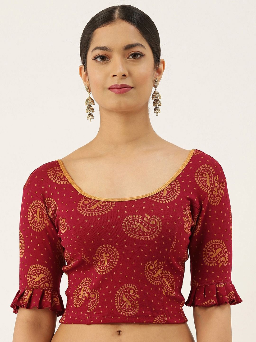 

VASTRANAND Women's Printed Cotton Boat Neck Stretchable Saree Blouse, Red
