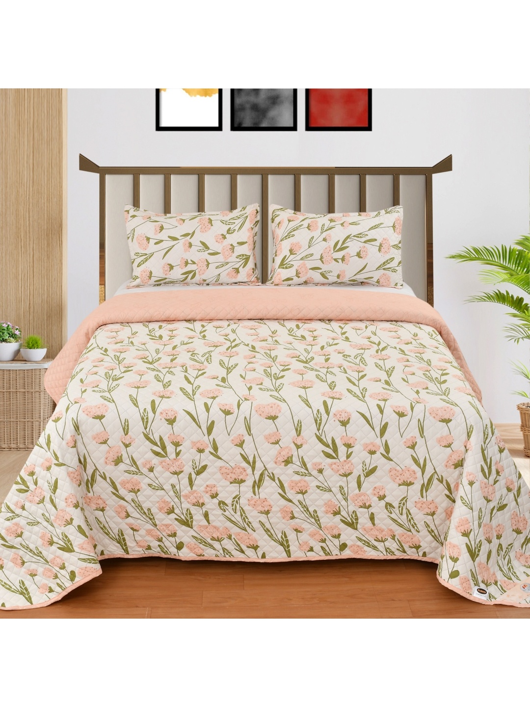 

MallowWorld Beige Floral Printed 250 to 349 TC Cotton Quilted Double King Bed Cover Set
