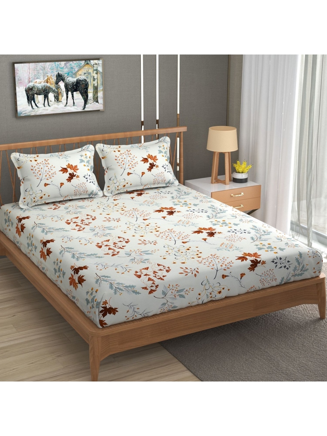 

MallowWorld Brown & White Floral Cotton King Bedsheet with 2 Pillow Covers