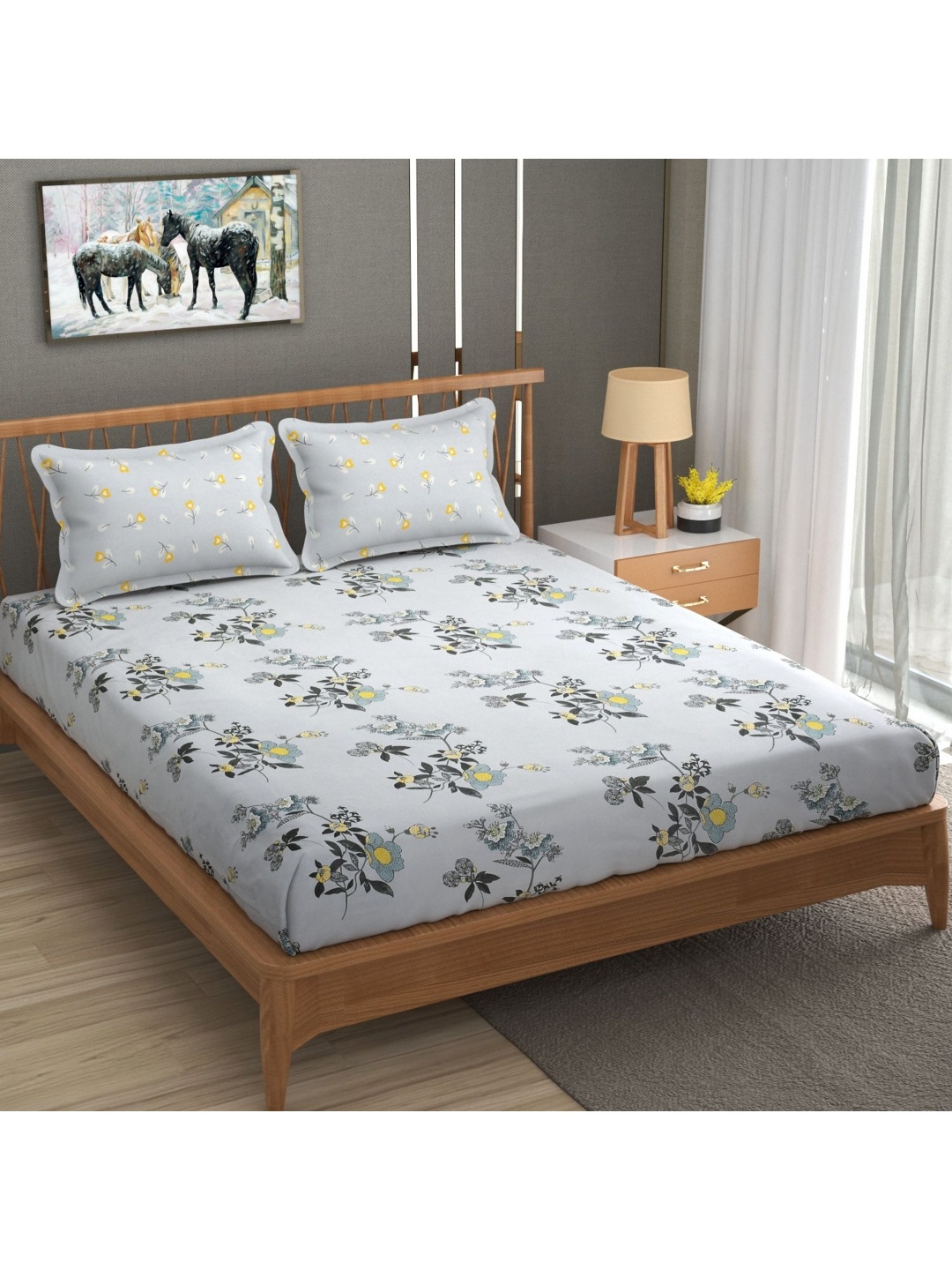 

MallowWorld Grey & Yellow Floral Cotton King Bedsheet with 2 Pillow Covers