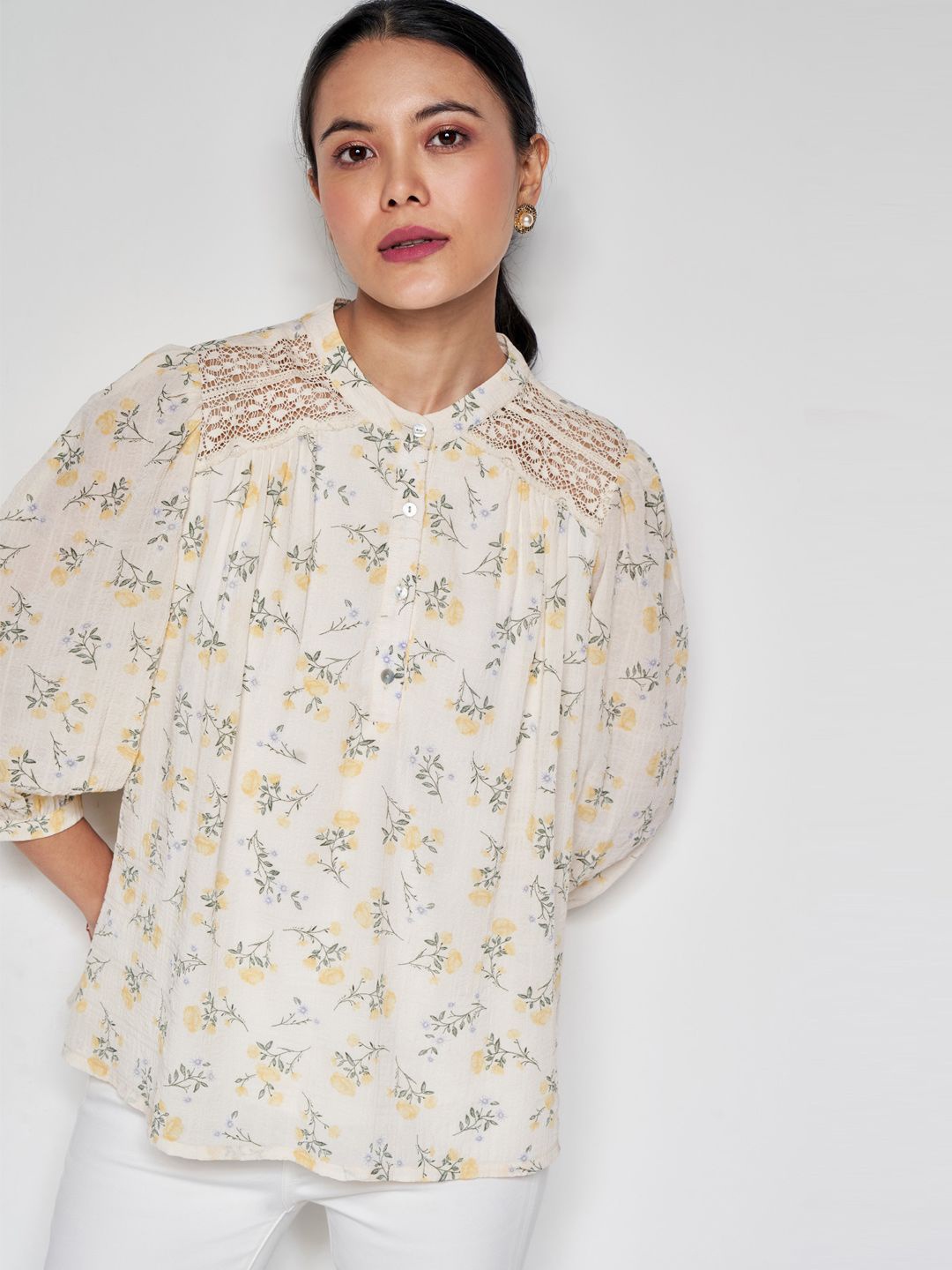 

AND Women Floral Printed Mandarin Collar Top, Cream