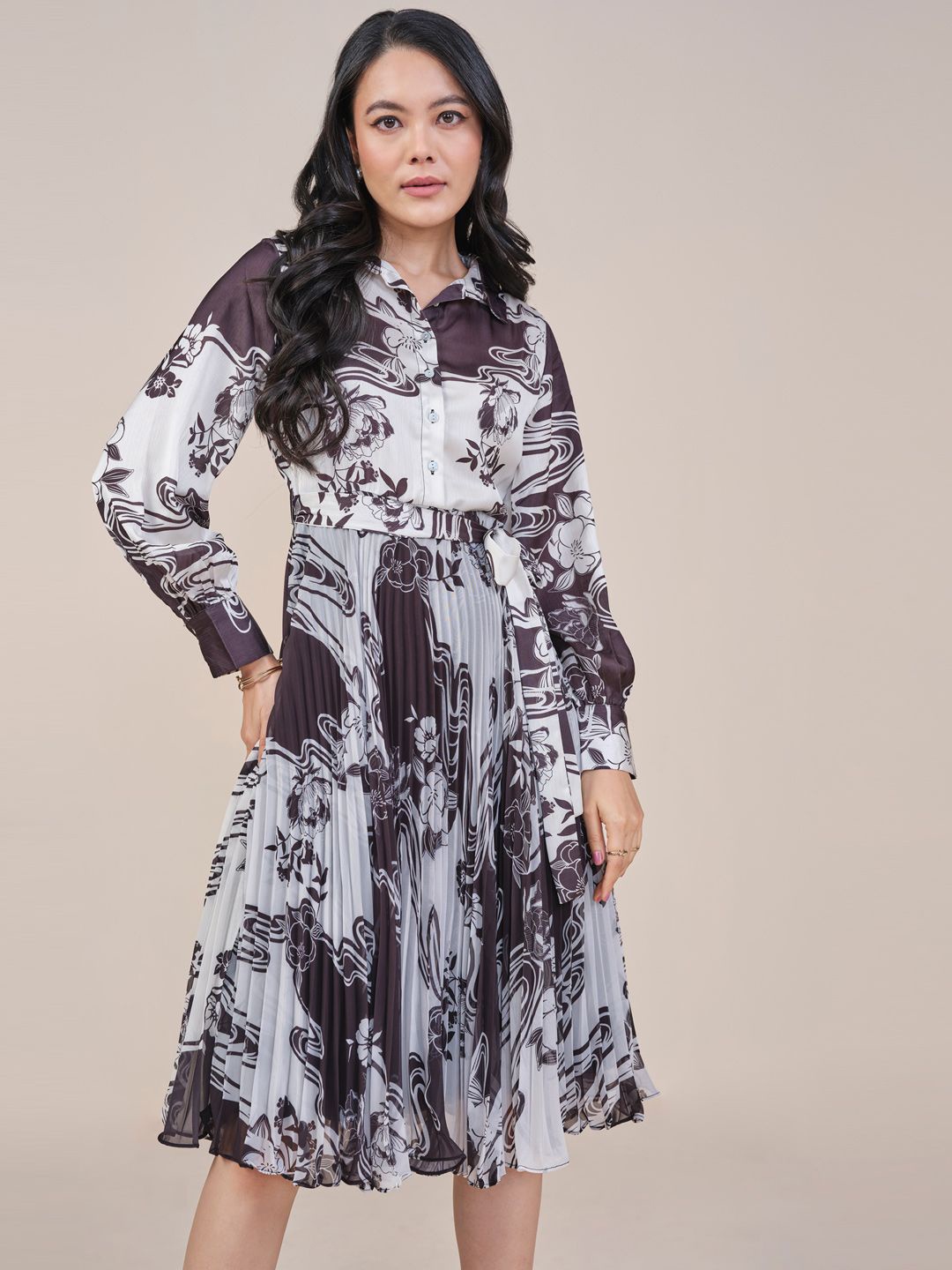

AND Women Printed Cuffed Sleeves Midi A-line Dress, Burgundy