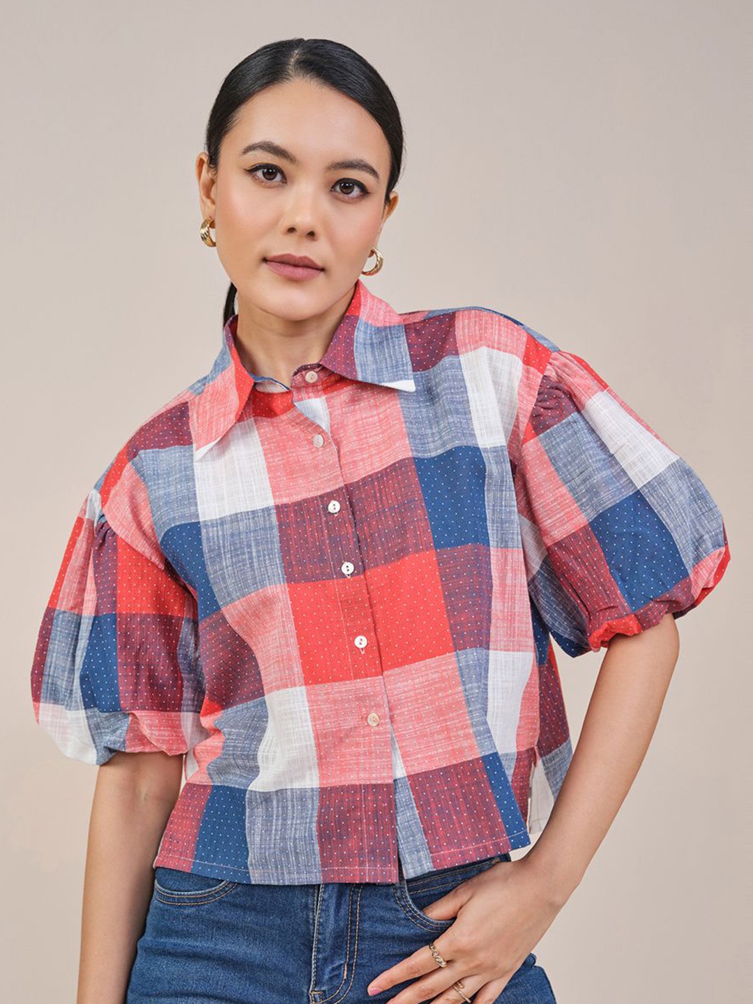 

AND Women Checked Shirt Collar Cotton Top, Red