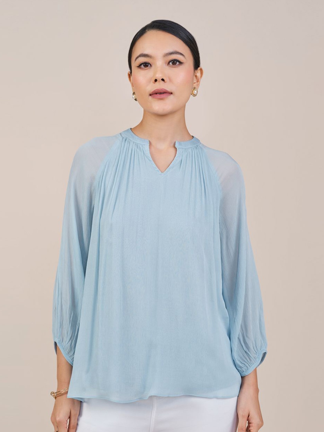 

AND Women Solid Puff Sleeves Mandarin Collar Top, Blue