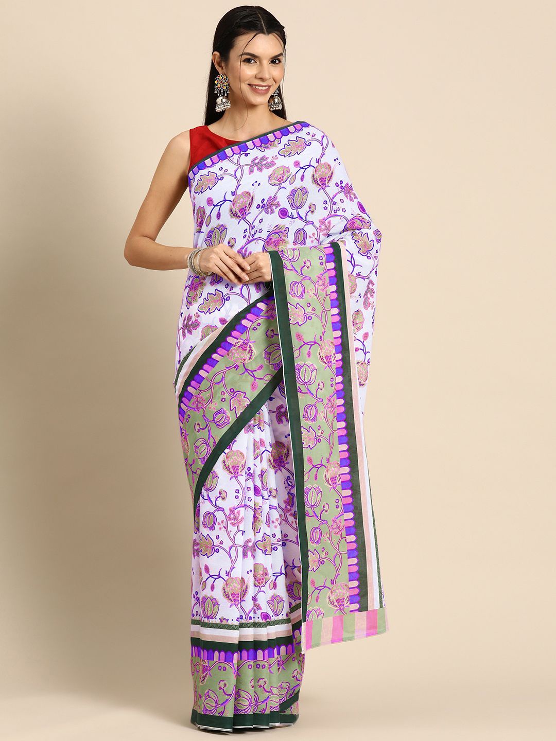 

BUTA BUTI Floral Pure Cotton Saree, White