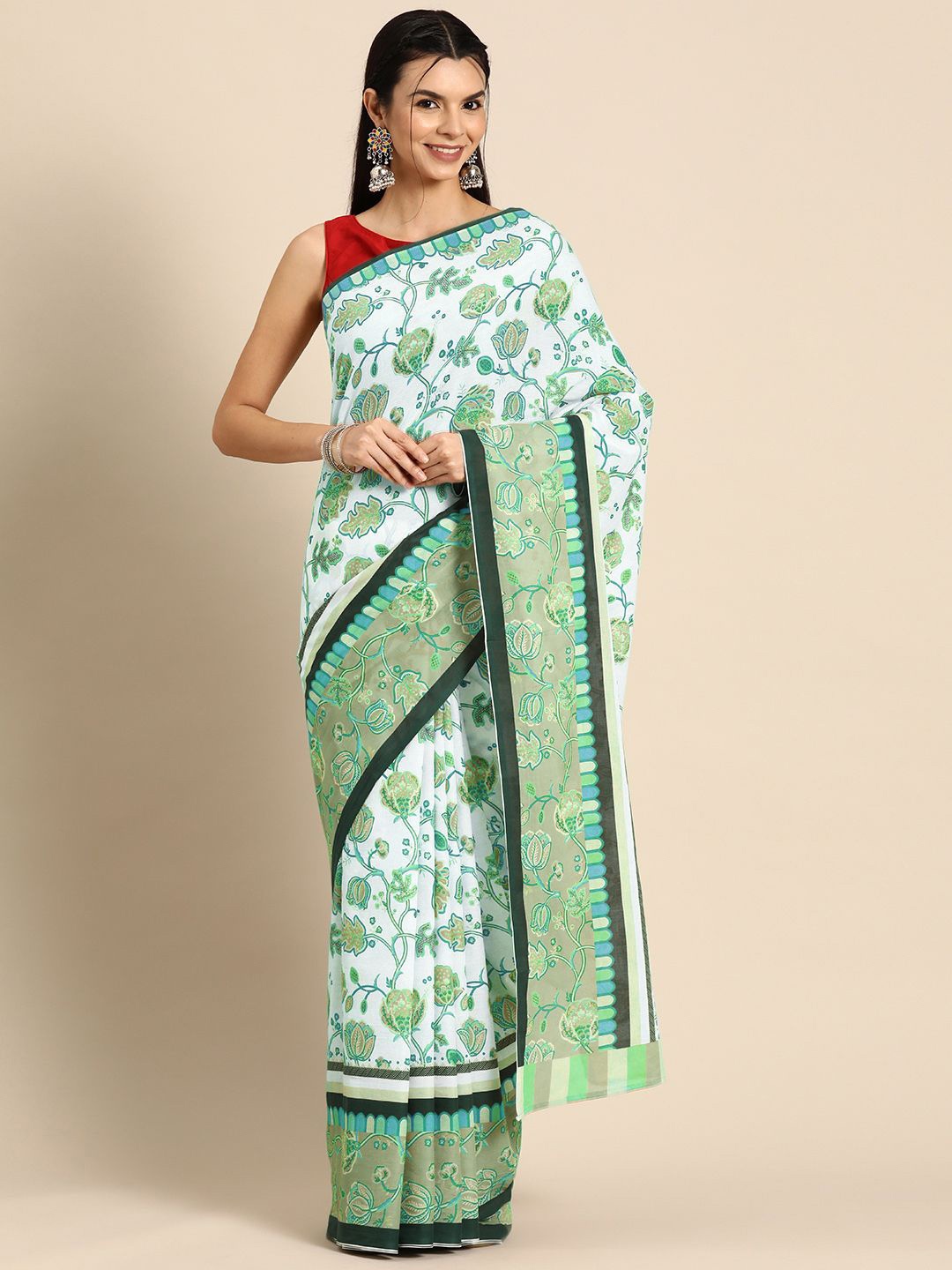

BUTA BUTI Floral Pure Cotton Saree, Sea green