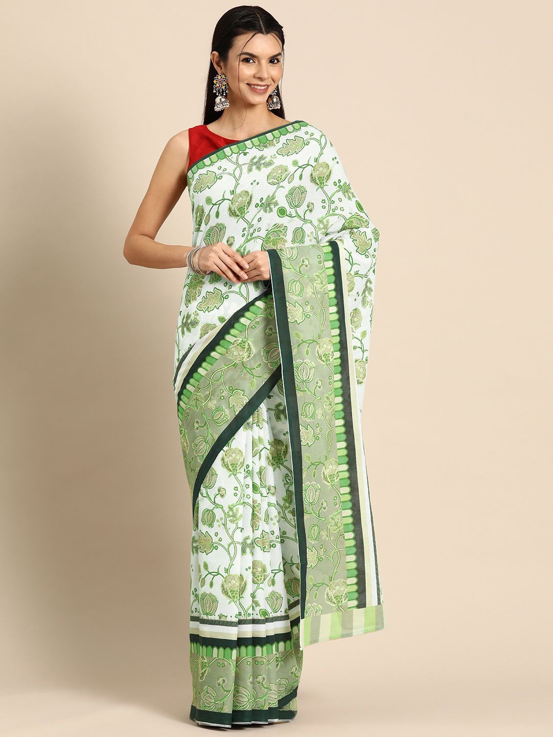 

BUTA BUTI Ethnic Motifs Printed Pure Cotton Saree, White