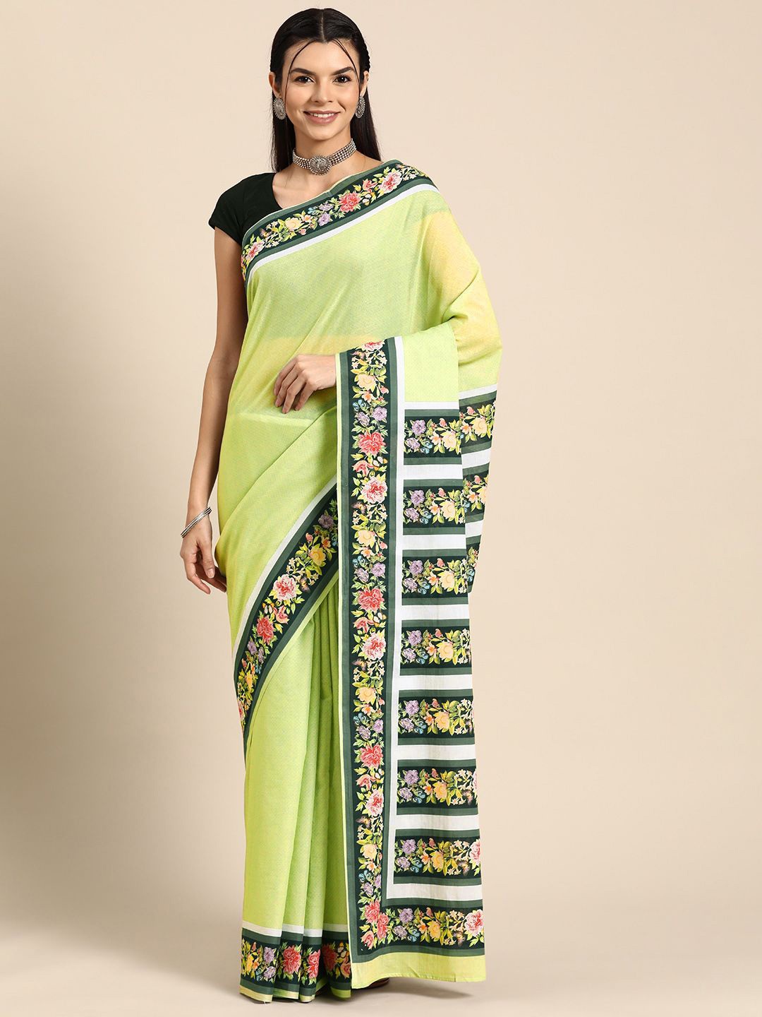 

BUTA BUTI Floral Pure Cotton Saree, Green