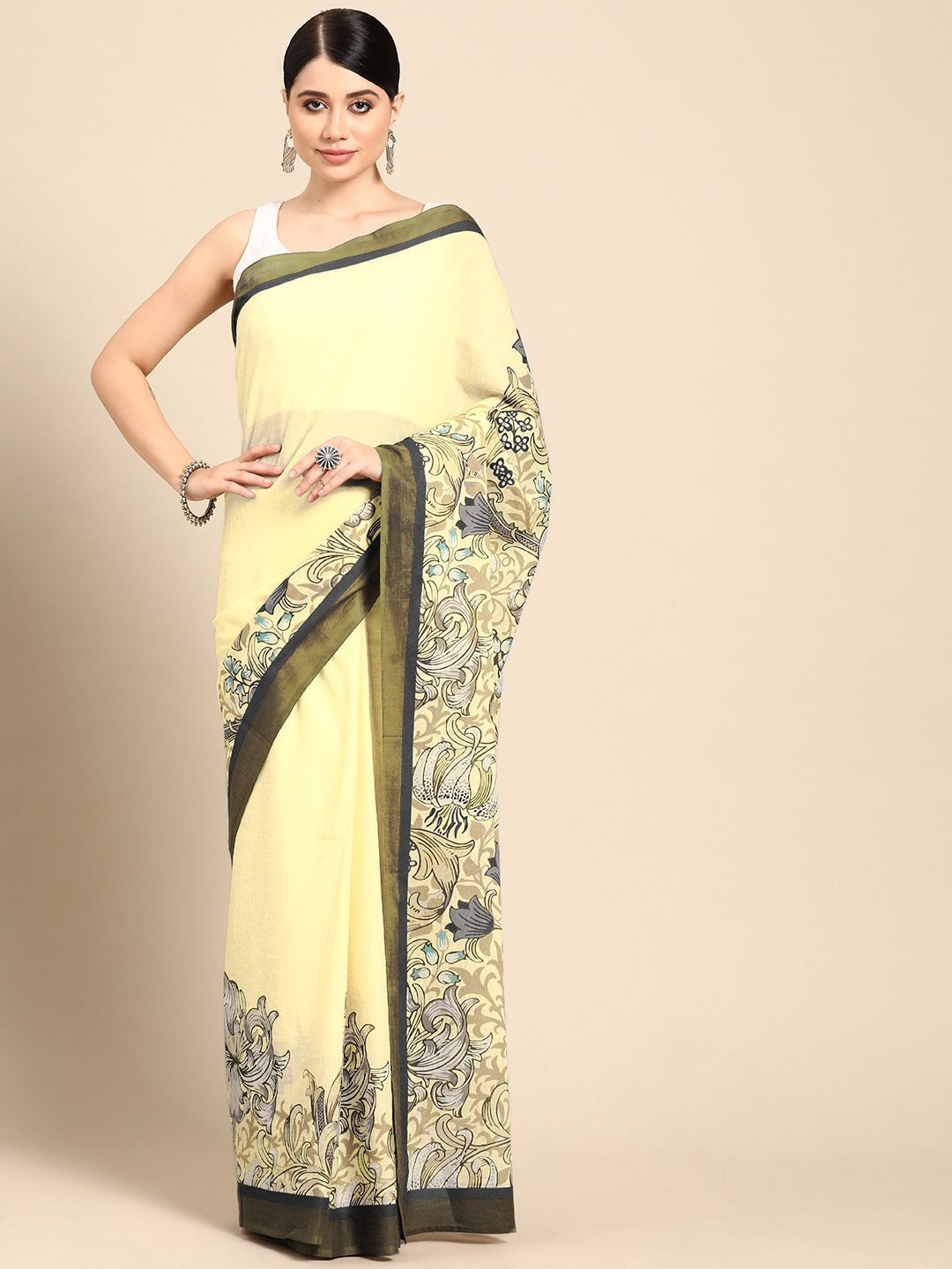 

BUTA BUTI Floral Pure Cotton Saree, Yellow