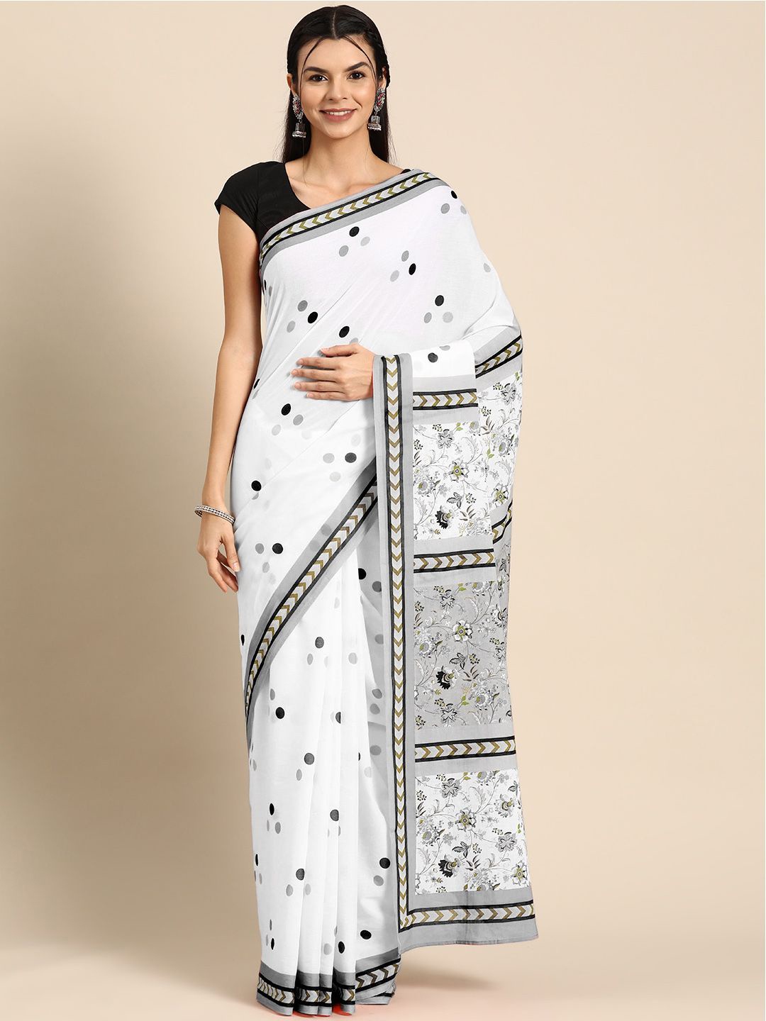 

BUTA BUTI Polka Dot Pure Cotton Saree, Black