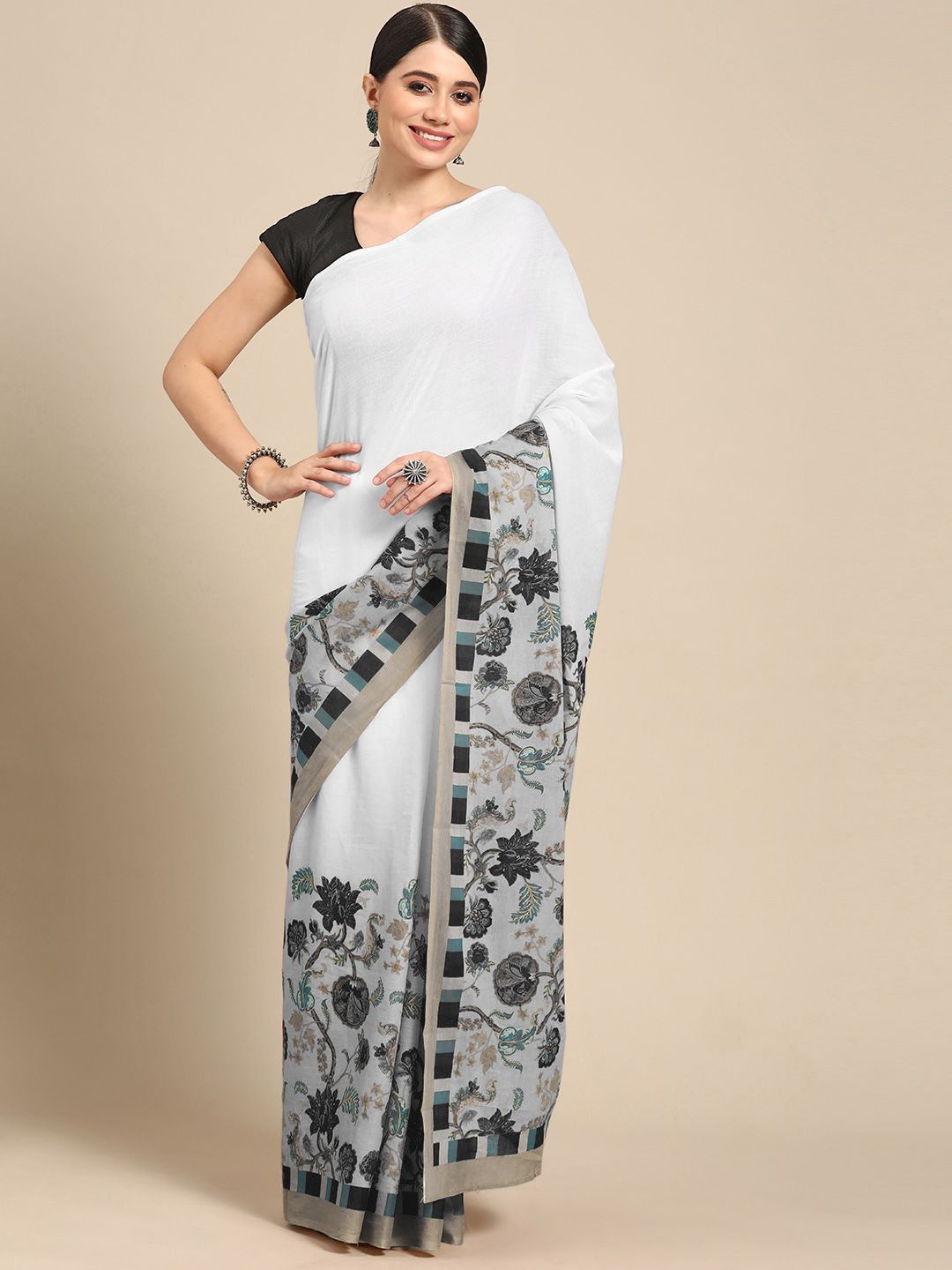 

BUTA BUTI Floral Pure Cotton Saree, Black