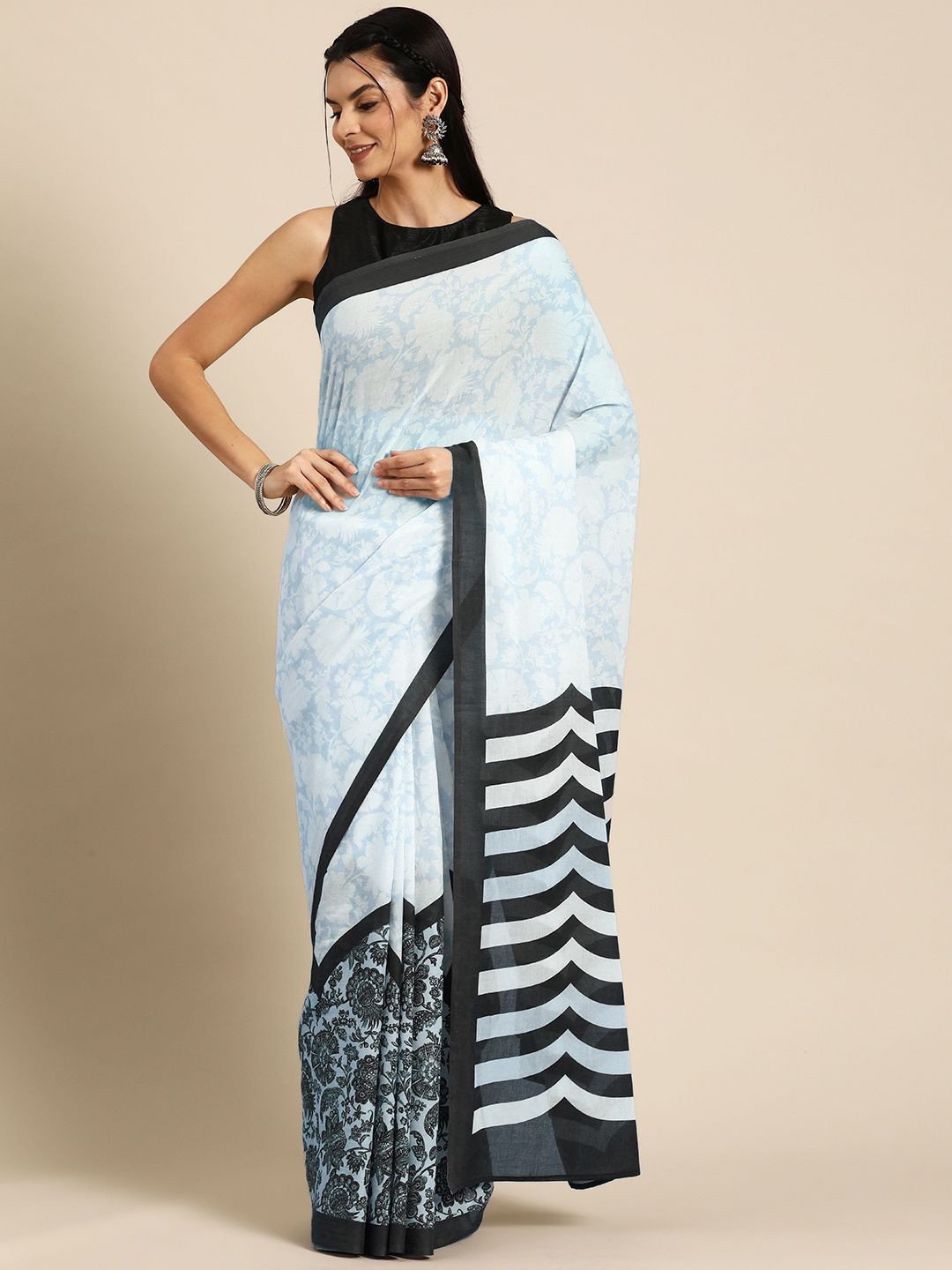 

BUTA BUTI Ethnic Motifs Printed Pure Cotton Saree, Blue