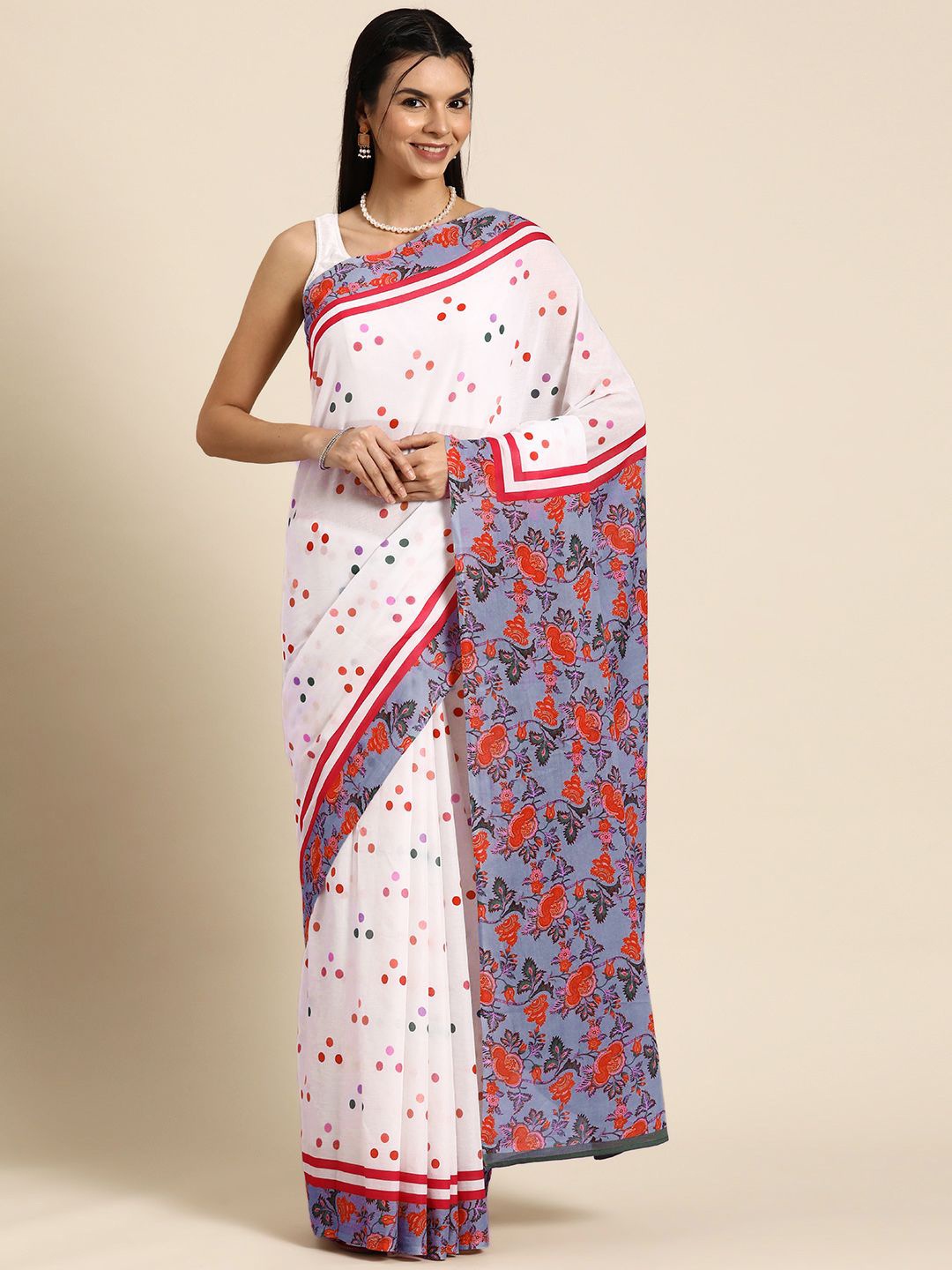 

BUTA BUTI Polka Dot Pure Cotton Saree, White