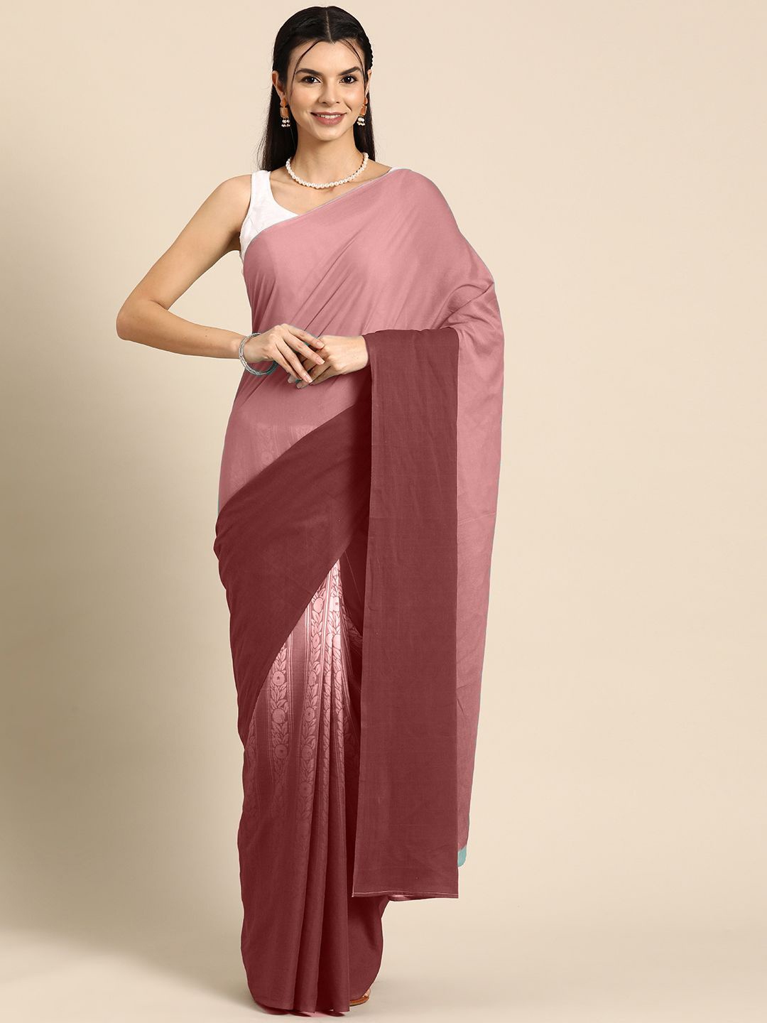 

BUTA BUTI Colourblocked Pure Cotton Saree, Peach
