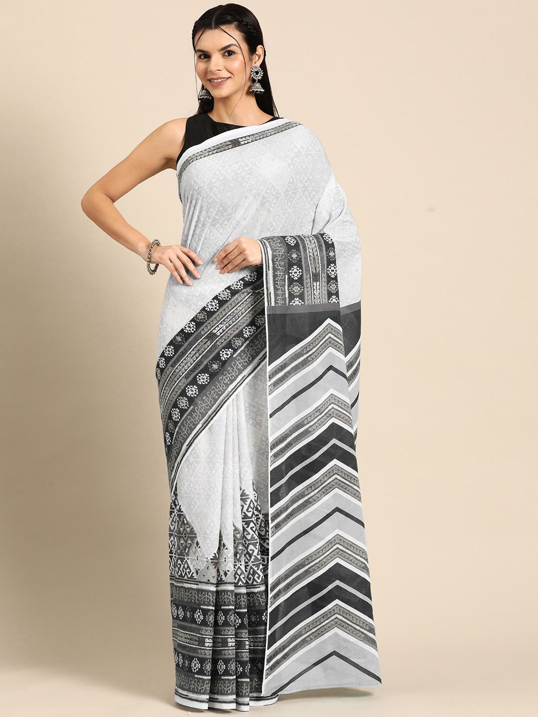 

BUTA BUTI Ethnic Motifs Printed Pure Cotton Saree, White