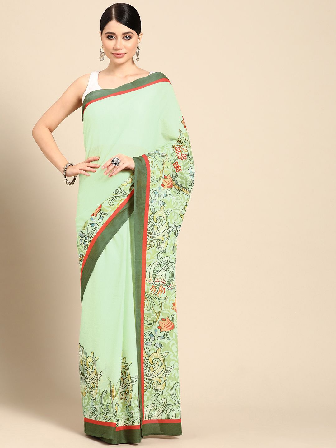 

BUTA BUTI Floral Pure Cotton Saree, Green