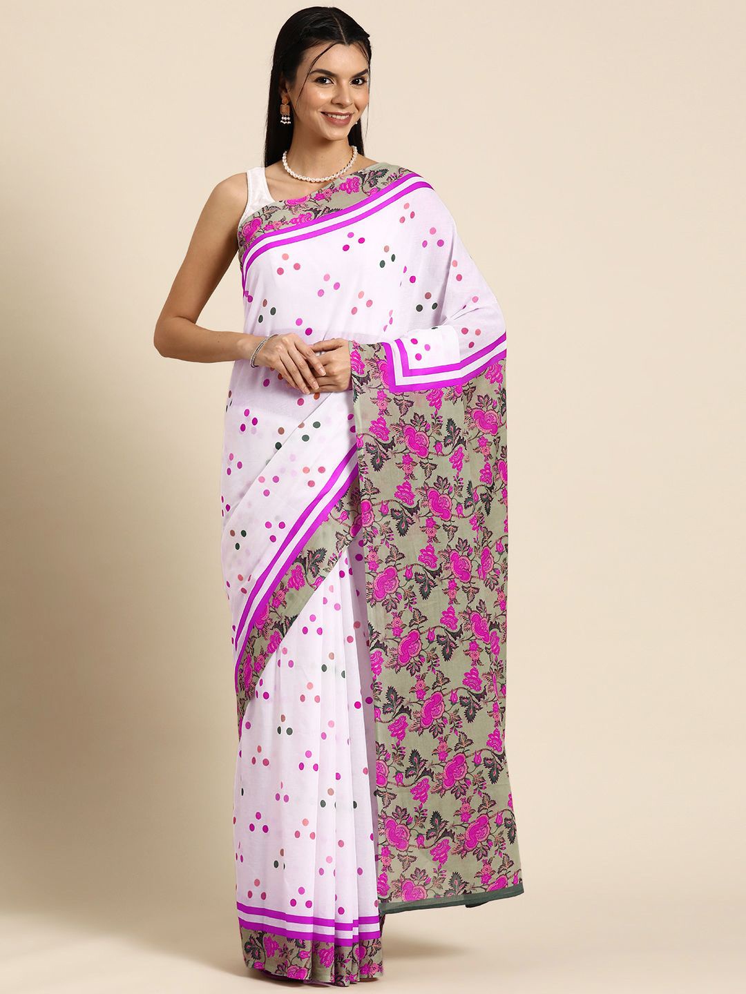 

BUTA BUTI Polka Dot Printed Pure Cotton Saree, White