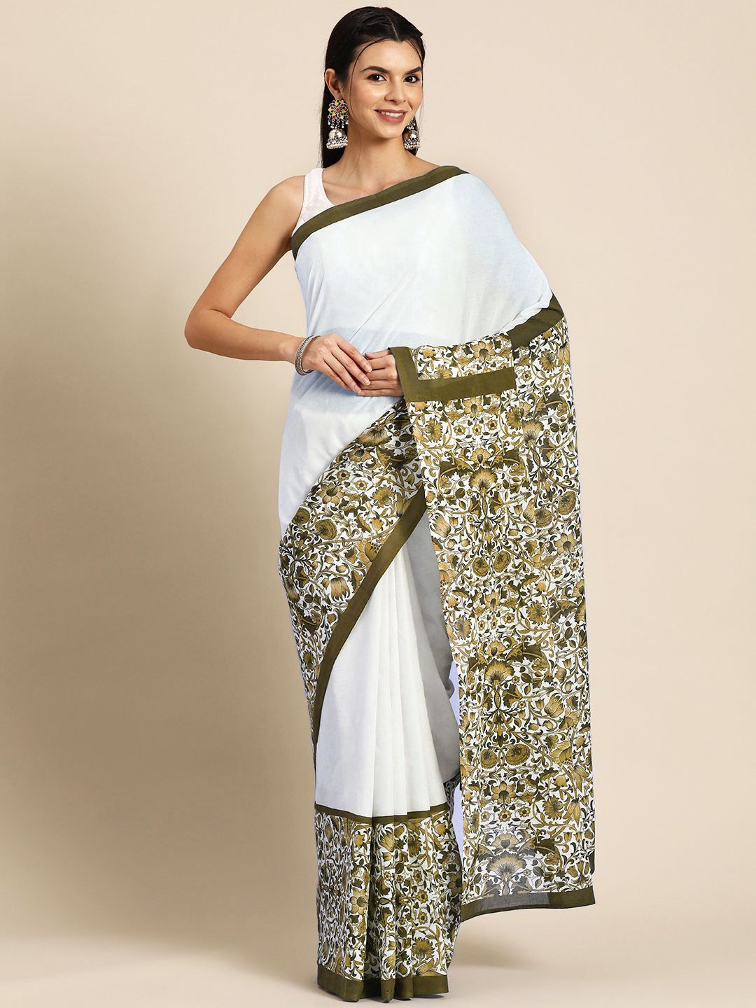 

BUTA BUTI Ethnic Motifs Printed Pure Cotton Saree, White