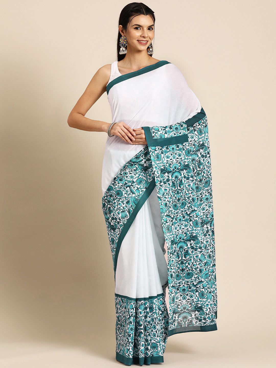 

BUTA BUTI Ethnic Motifs Printed Pure Cotton Saree, White