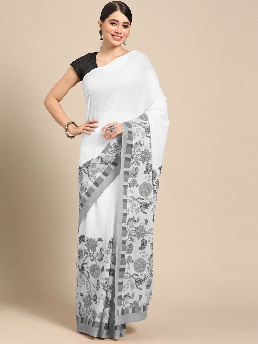 

BUTA BUTI Floral Pure Cotton Saree, Grey