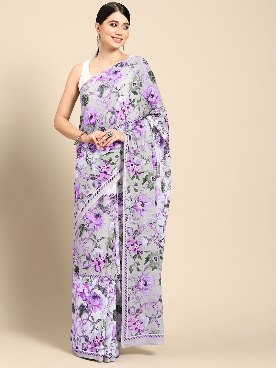 

BUTA BUTI Floral Pure Cotton Saree, Lavender