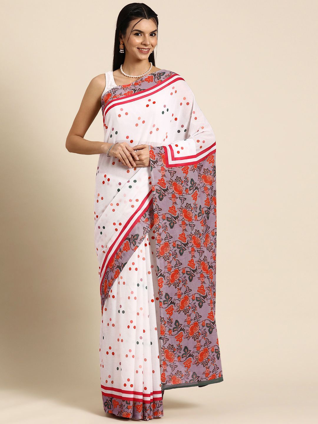 

BUTA BUTI Polka Dot Pure Cotton Saree, Red
