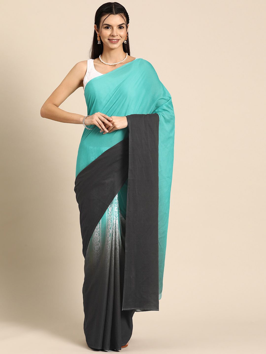 

BUTA BUTI Ombre Printed Pure Cotton Saree, Sea green