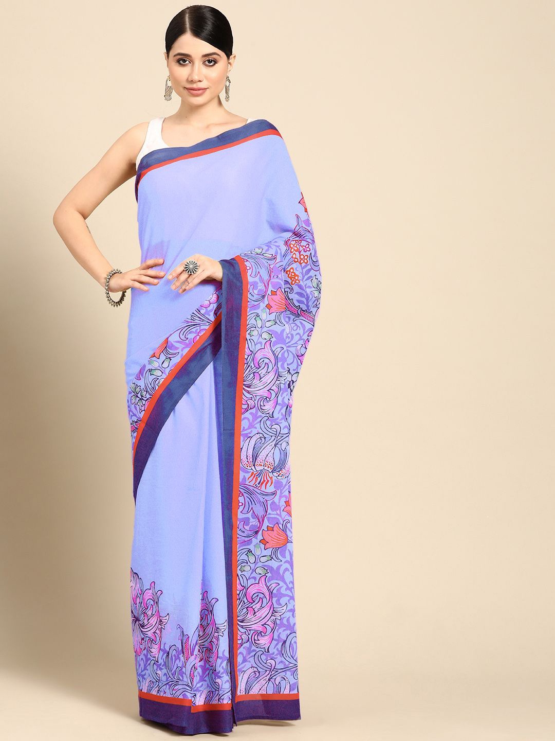 

BUTA BUTI Ethnic Motifs Printed Pure Cotton Saree, Purple