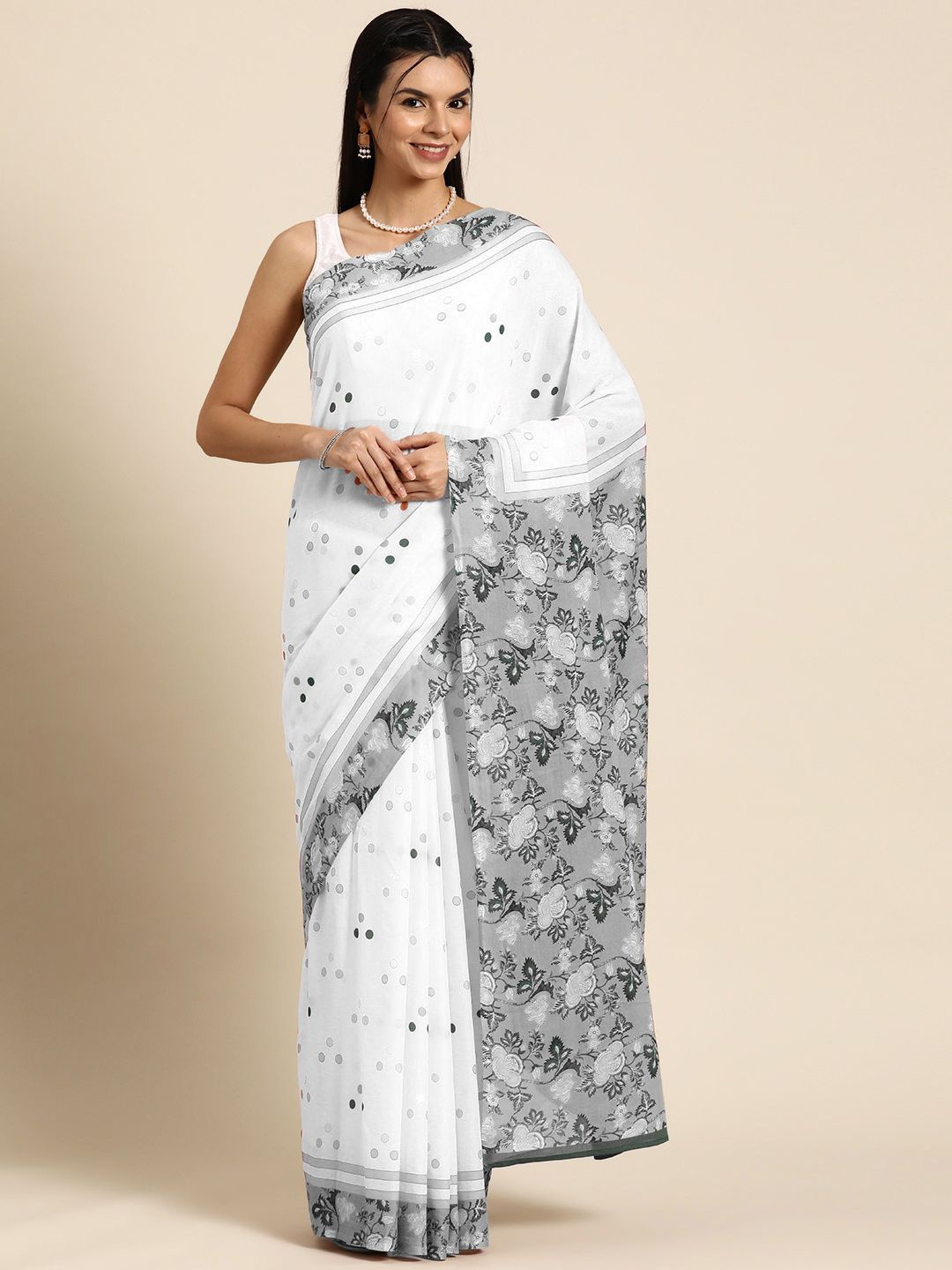 

BUTA BUTI Polka Dot Pure Cotton Saree, White