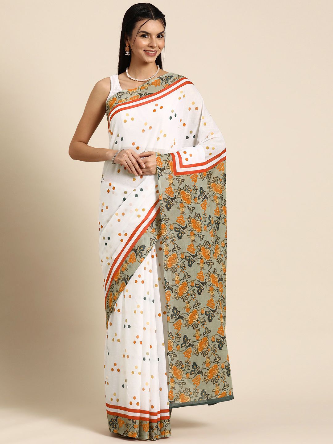 

BUTA BUTI Polka Dot Pure Cotton Saree, White