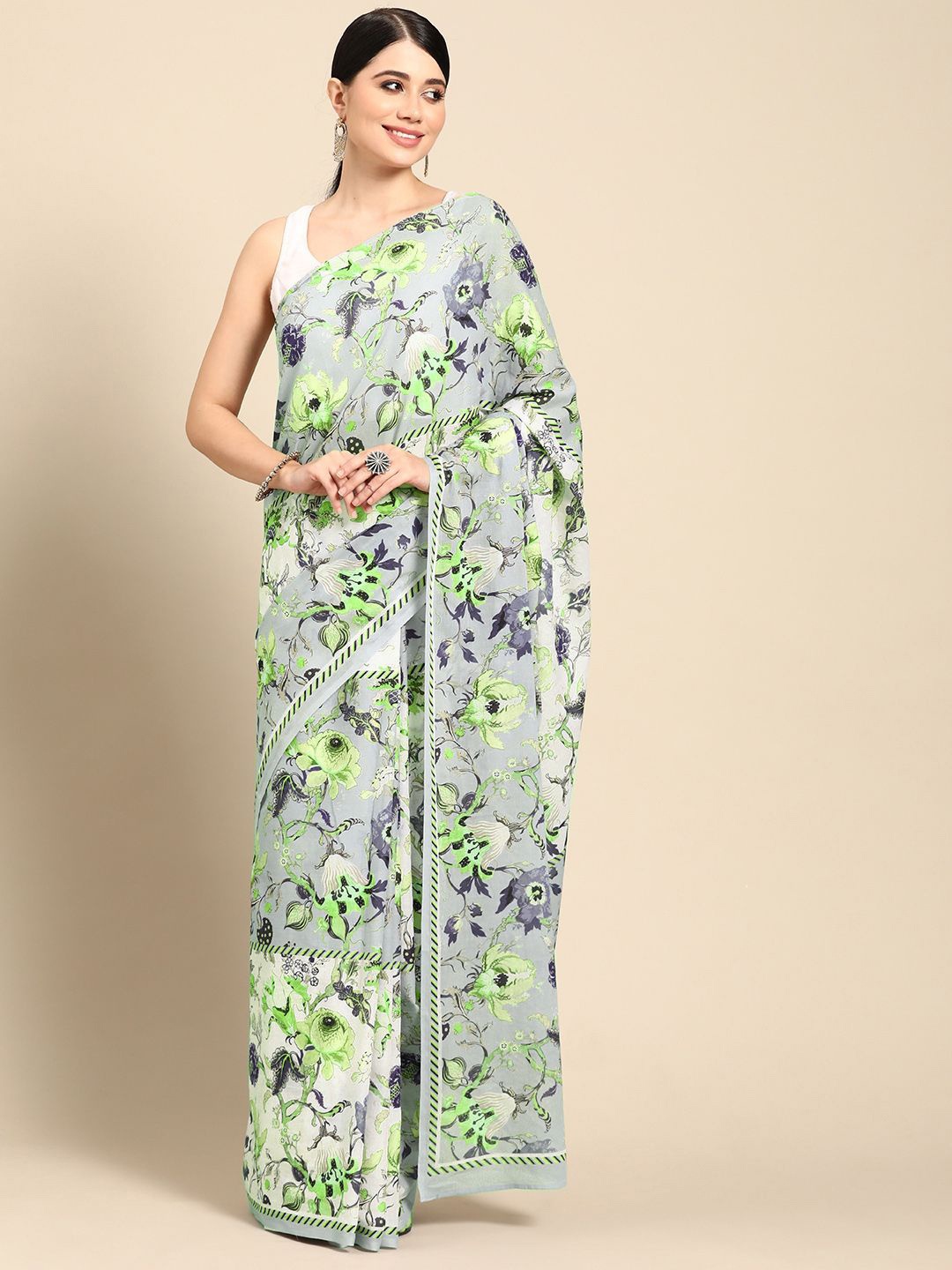 

BUTA BUTI Floral Printed Pure Cotton Saree, Grey