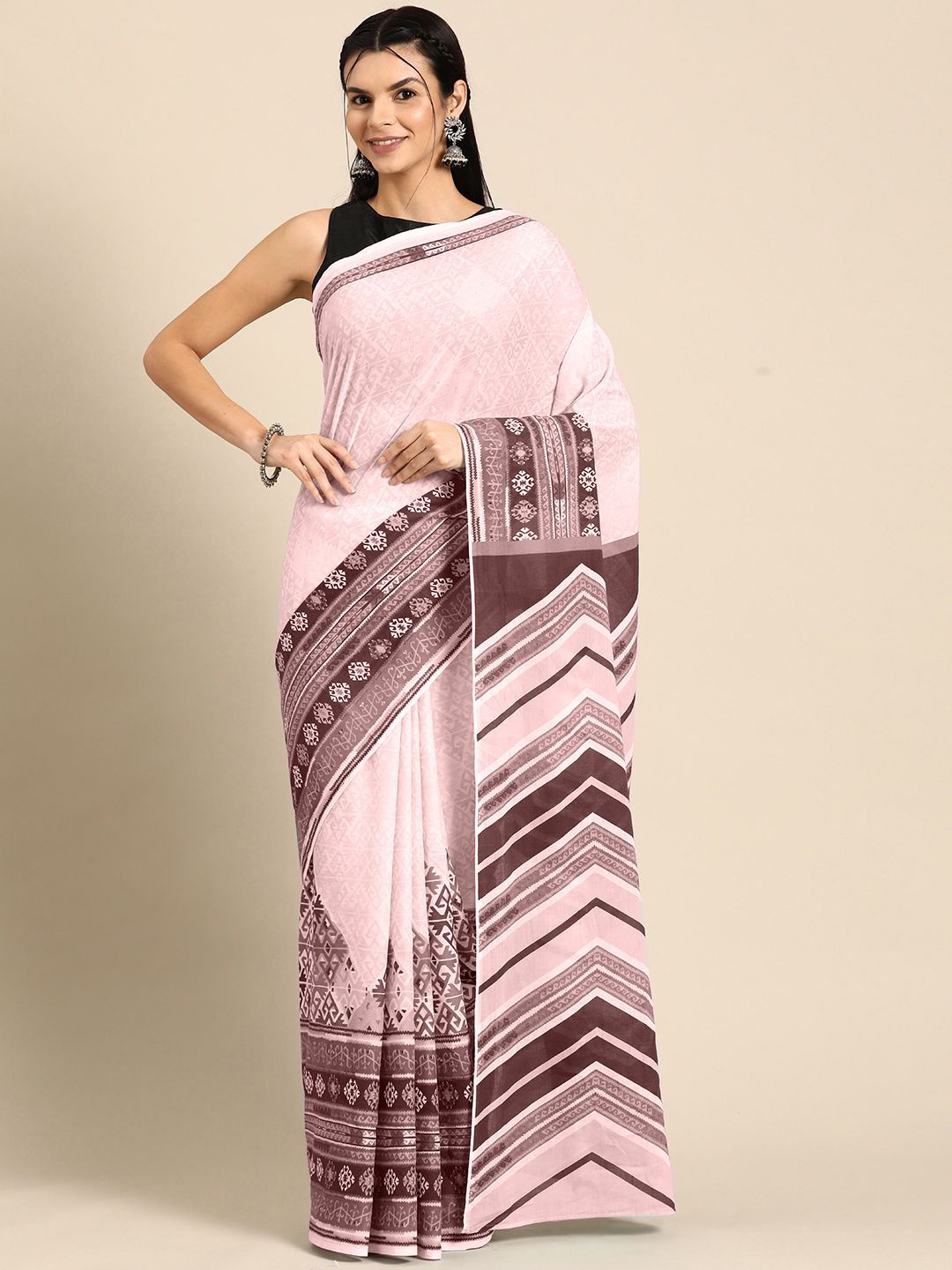 

BUTA BUTI Ethnic Motifs Striped Pure Cotton Saree, Peach
