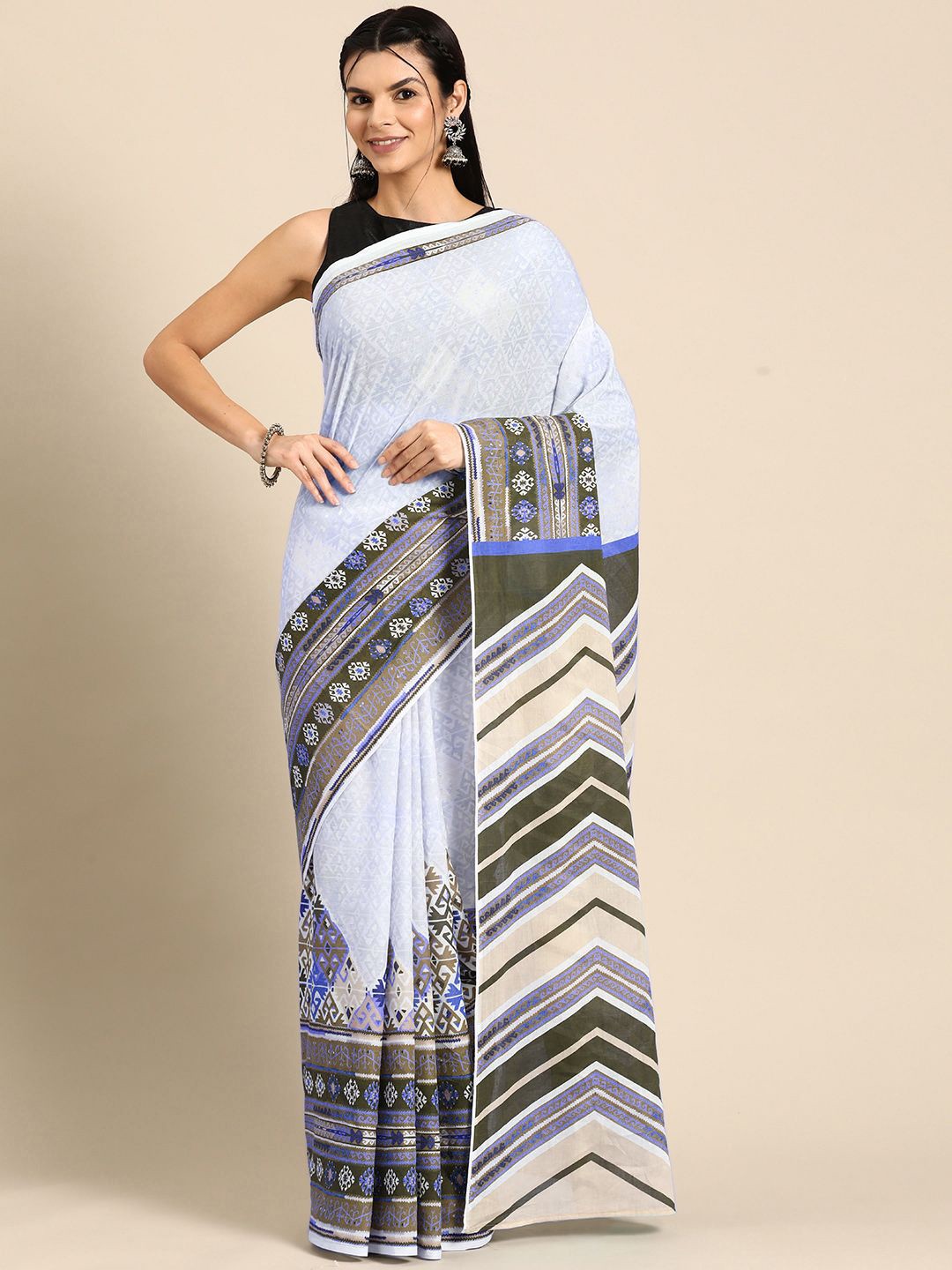 

BUTA BUTI Ethnic Motifs Printed Pure Cotton Saree, White