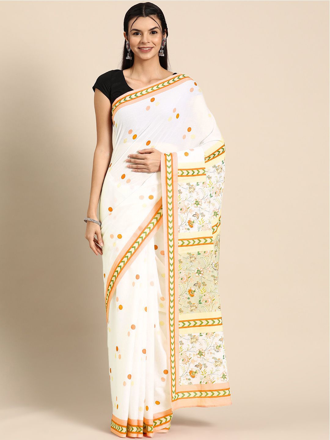 

BUTA BUTI Ethnic Motifs Printed Pure Cotton Saree, White