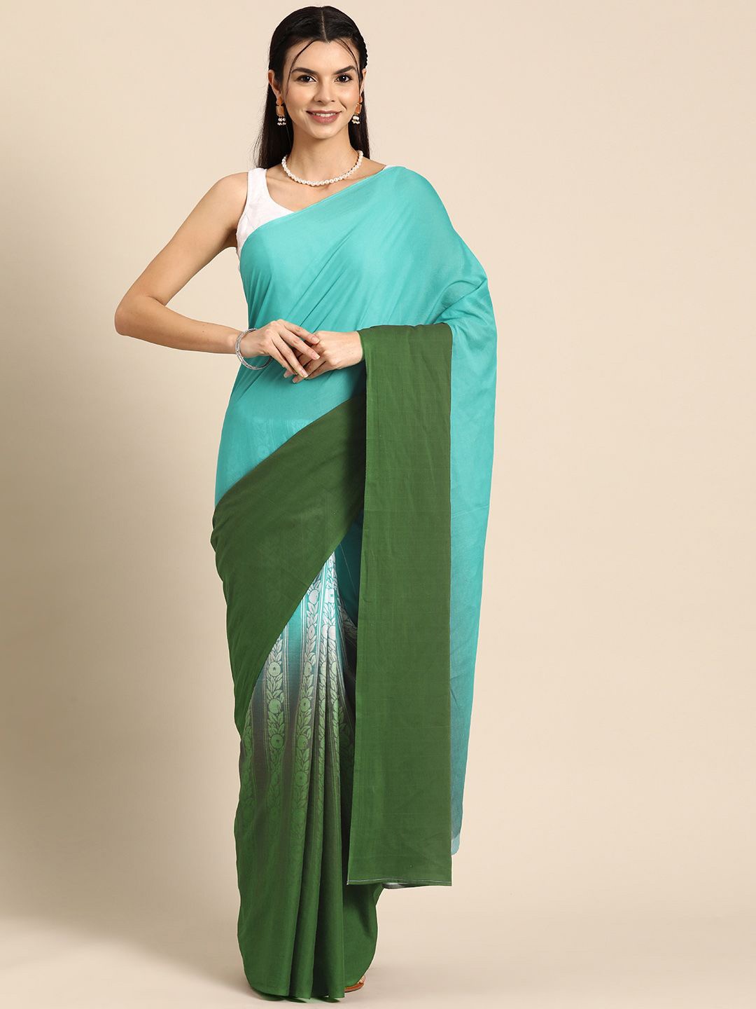 

BUTA BUTI Ethnic Motif Ombre Pure Cotton Saree, Green