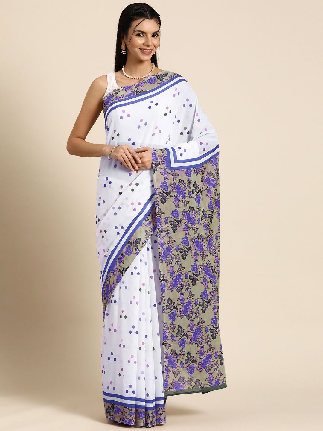 

BUTA BUTI Polka Dot Pure Cotton Saree, White