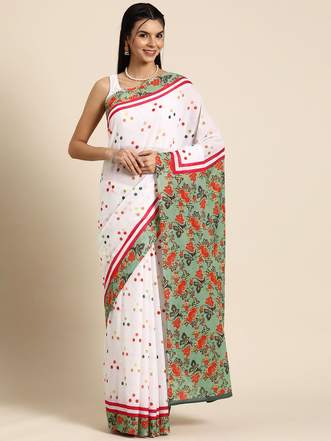 

BUTA BUTI Polka Dot Pure Cotton Saree, White