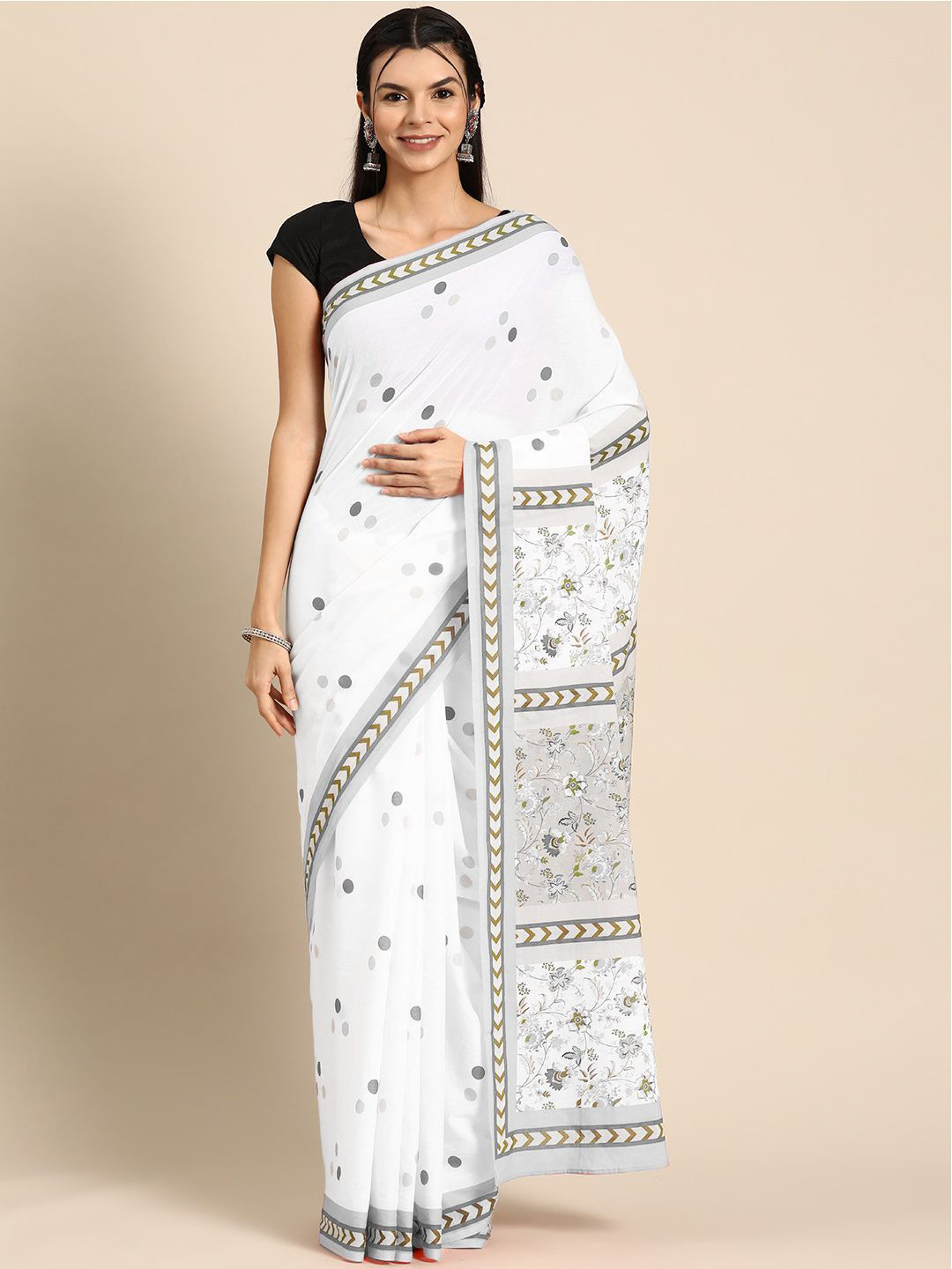 

BUTA BUTI Polka Dot Pure Cotton Saree, White