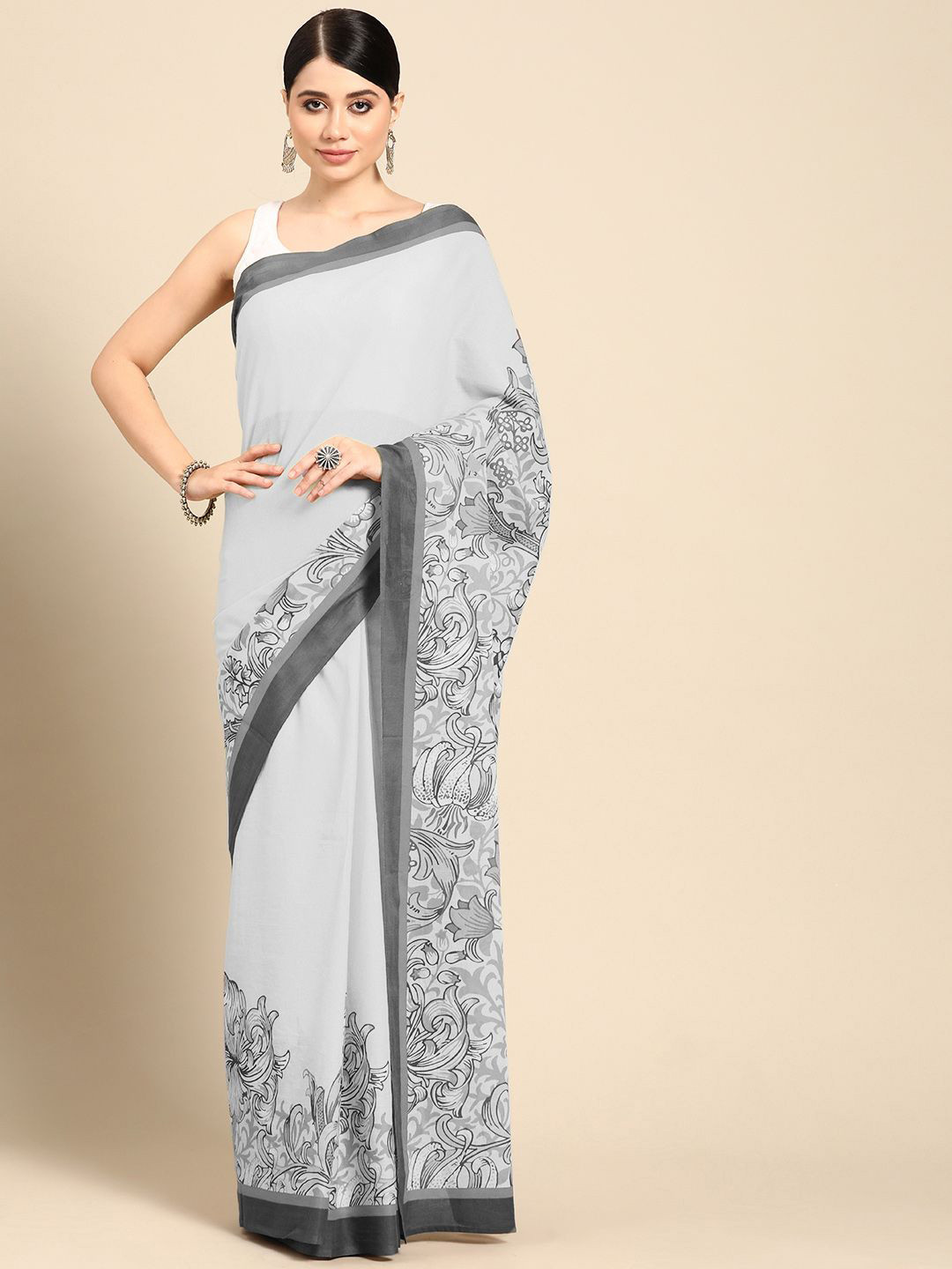 

BUTA BUTI Floral Pure Cotton Saree, Grey