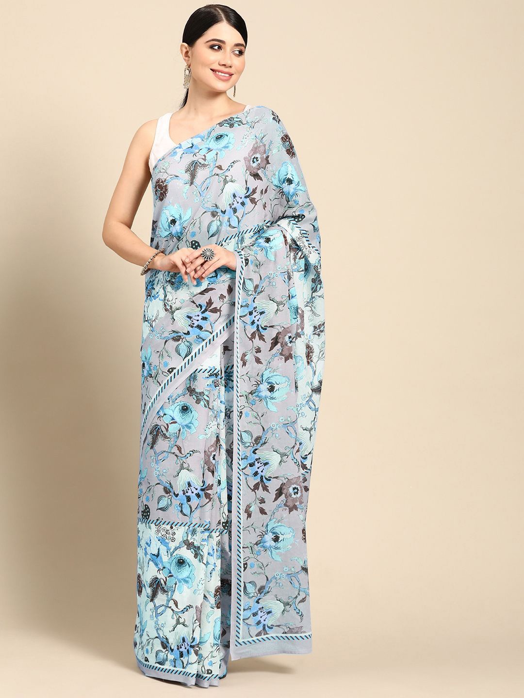 

BUTA BUTI Ethnic Motifs Printed Pure Cotton Saree, Blue
