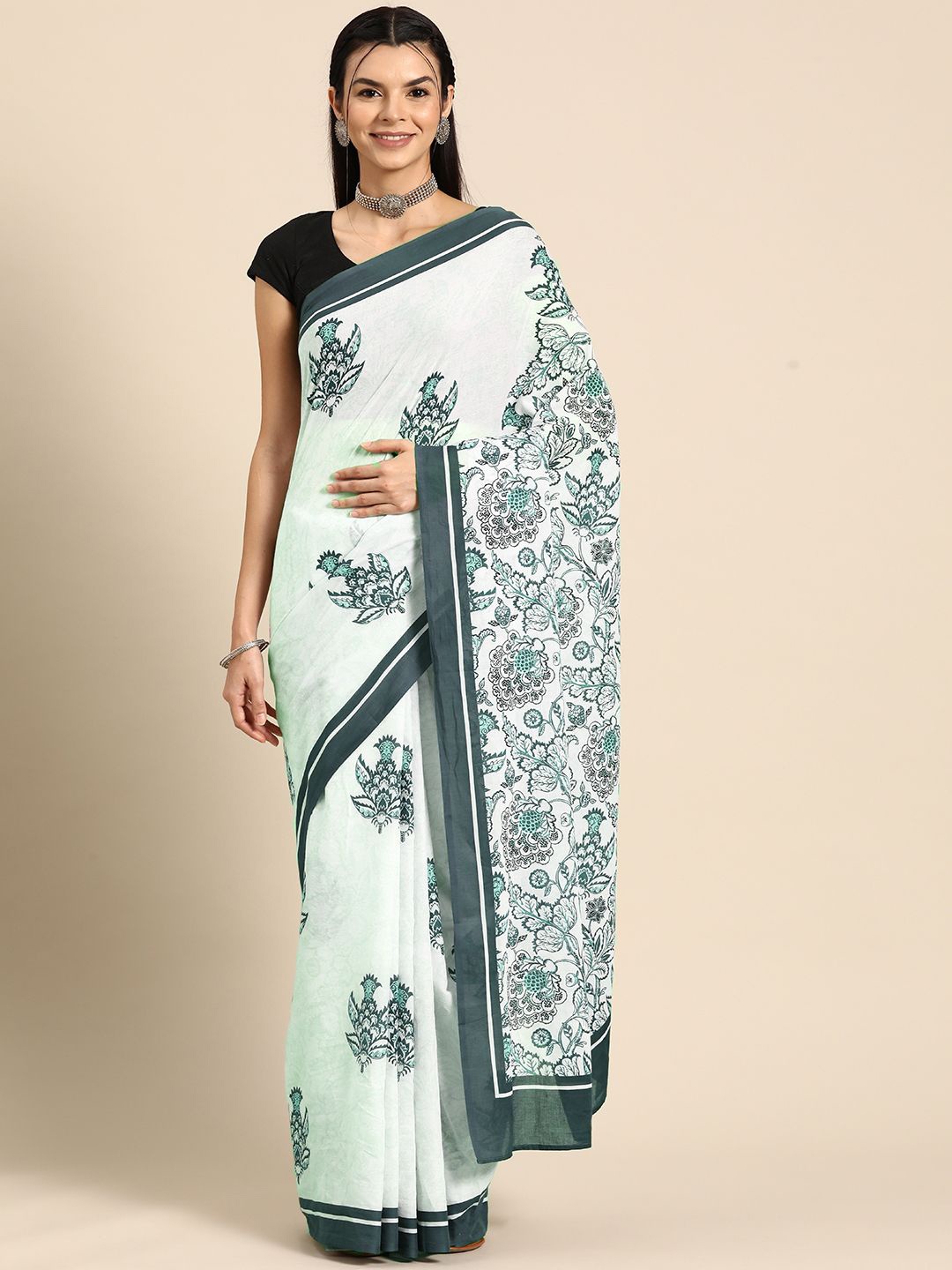 

BUTA BUTI Floral Pure Cotton Saree, Sea green